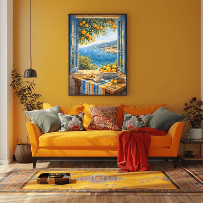 A vertical painterly illustration of a breakfast table in front of an open window with blue shutters. On the table is a cup of coffee, croissants, olives, and a bowl of oranges. Outside the window is a blue sea with sailboats and a coastal town under a bright sky.