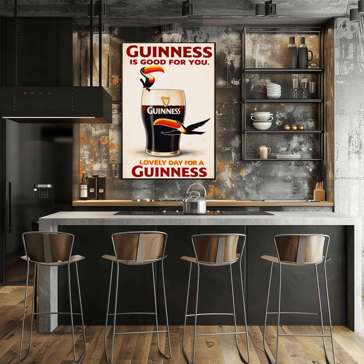 A vertical vintage-style advertisement for Guinness. A large glass of dark stout with a creamy white head is centered. A cartoon toucan with a large orange beak is perched on the rim, and another toucan flies past the bottom of the glass. The text reads "GUINNESS IS GOOD FOR YOU" at the top and "LOVELY DAY FOR A GUINNESS" at the bottom in red font.