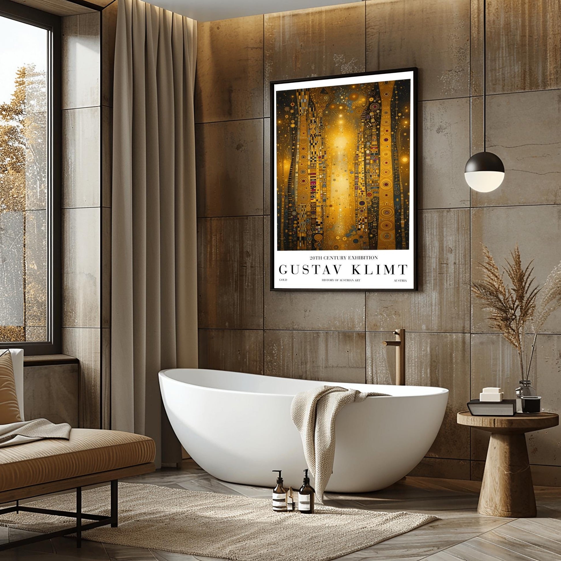 A vertical abstract painting in the style of Gustav Klimt. Several tall, narrow pillars filled with gold leaf textures and geometric patterns (circles, spirals, and squares) rise against a dark background filled with golden stardust. A central column of bright, shimmering light anchors the composition. The colors include brilliant gold, ochre, black, and touches of deep red and blue.