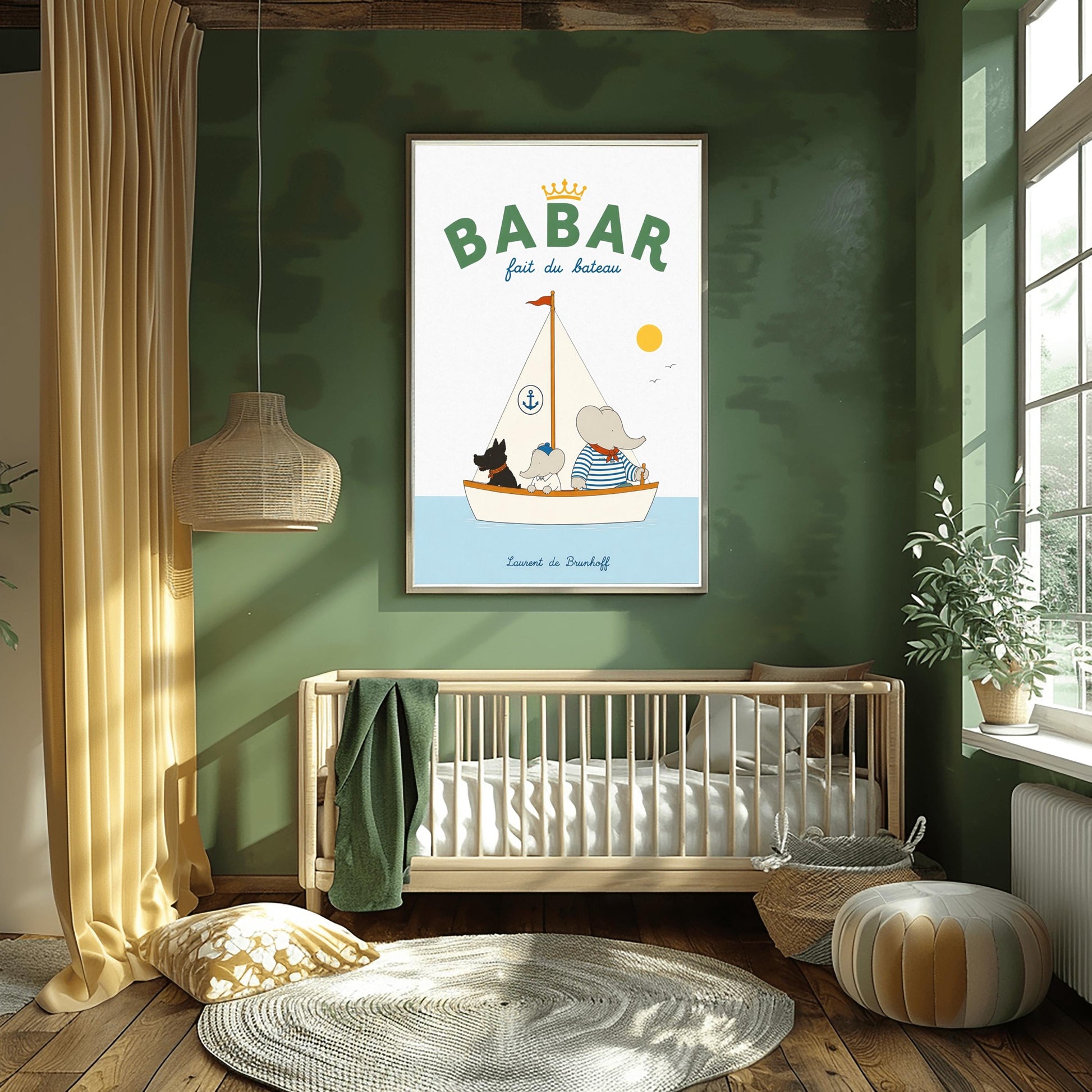 A vertical storybook-style art print of Babar the Elephant sailing a boat against a white background. Babar, wearing a blue and white striped shirt and a red neckerchief, sits in a white boat with a smaller elephant and a black dog. The sailboat has a white sail with a blue anchor logo and a red flag on top. A yellow sun and two small birds are in the sky. The top reads "BABAR fait du bateau" with a gold crown.