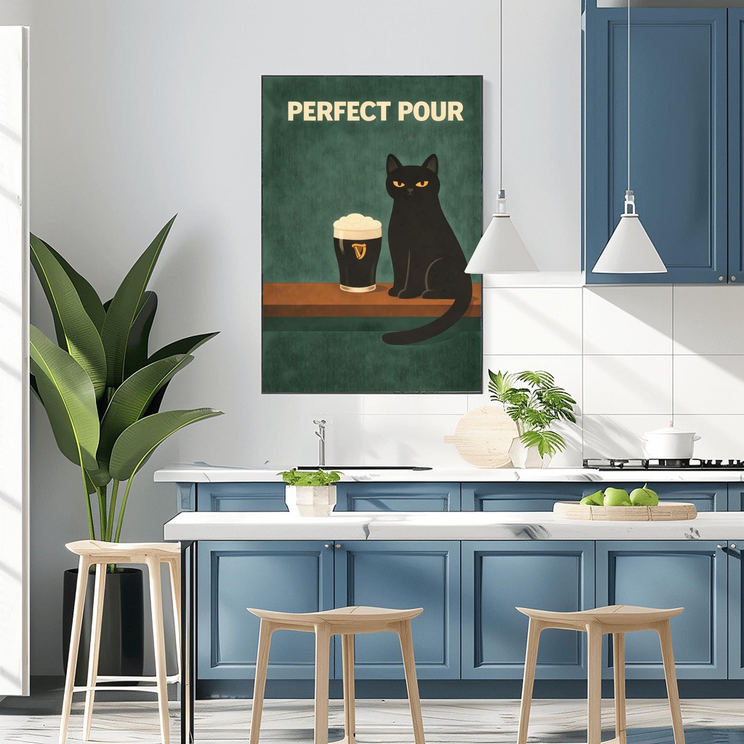 A vertical modern illustration of a sleek black cat with yellow eyes sitting on a wooden bar ledge next to a pint of Guinness. The text "PERFECT POUR" is written in bold cream letters at the top. The background is a dark, textured teal-green.