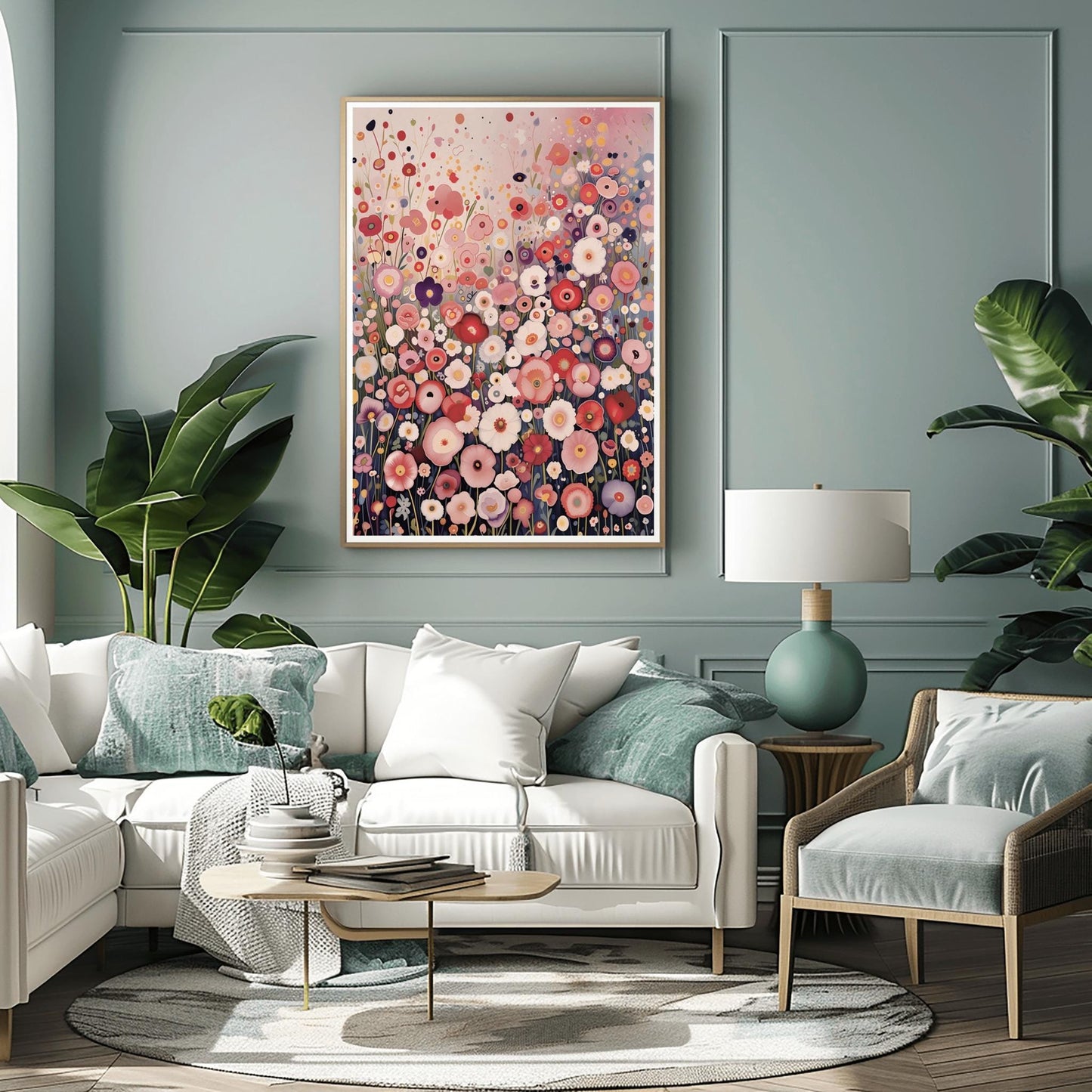Pastel Meadow Art Print: Soft Floral Painting Inspired by Klimt