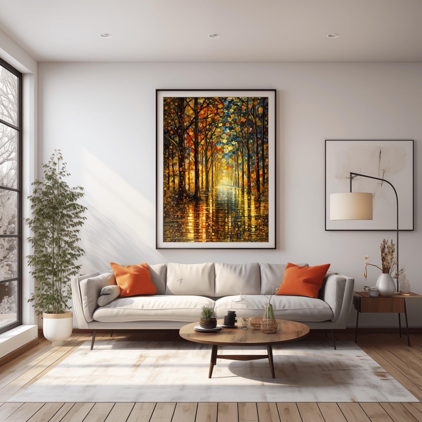 A vertical fine art exhibition poster in the style of Gustav Klimt. A long path leads through a dense forest of tall, slender trees with golden mosaic bark. A brilliant light glows at the end of the path. The leaves are a mix of gold, orange, and blue mosaic dots. Bold black text at the bottom reads "GUSTAV KLIMT."