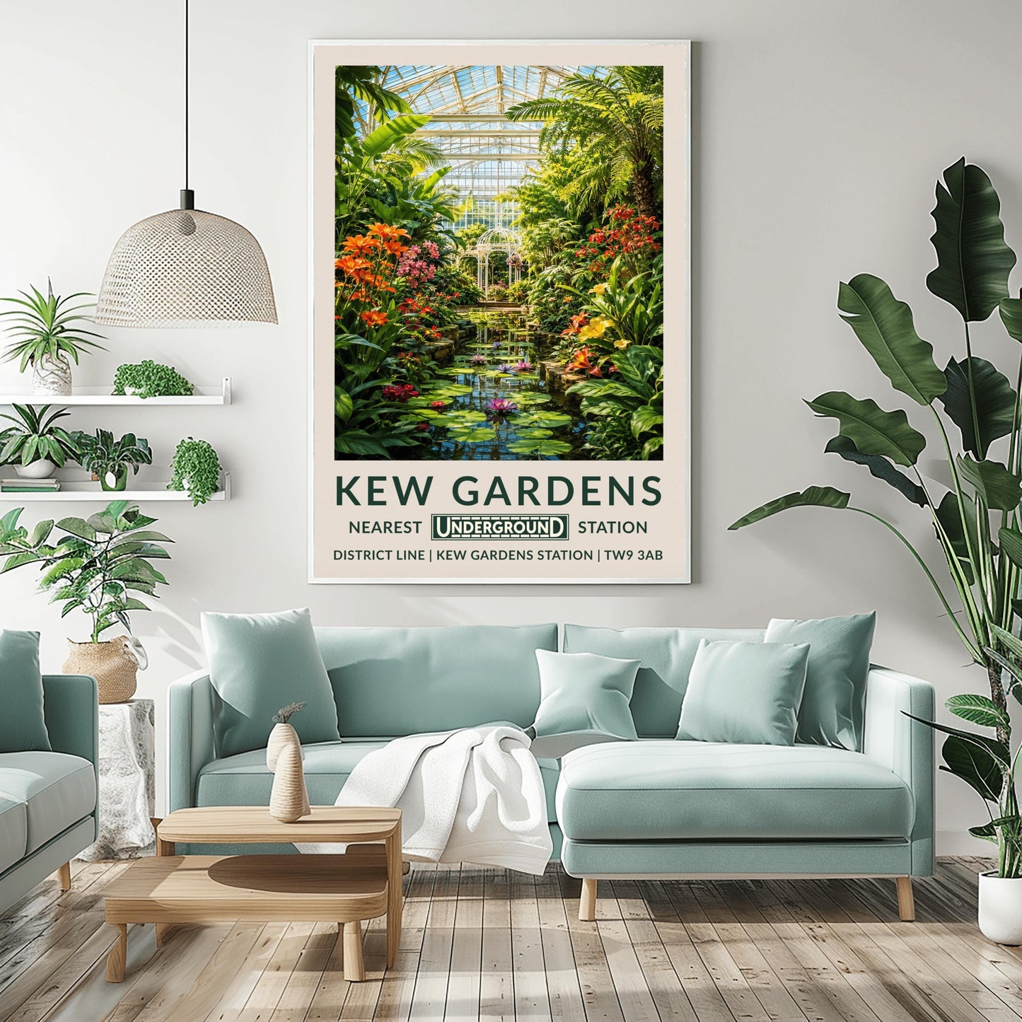 A vertical retro London Underground travel poster for Kew Gardens on a wide cream border. The top image shows a beautiful, detailed illustration of the inside of a large white Victorian glass conservatory. Sunlight shines through the glass roof onto a central water lily pond filled with blooming pink and purple flowers and lily pads. The water is surrounded by lush green palm trees, ferns, orange lilies, and a white metal gazebo in the background.