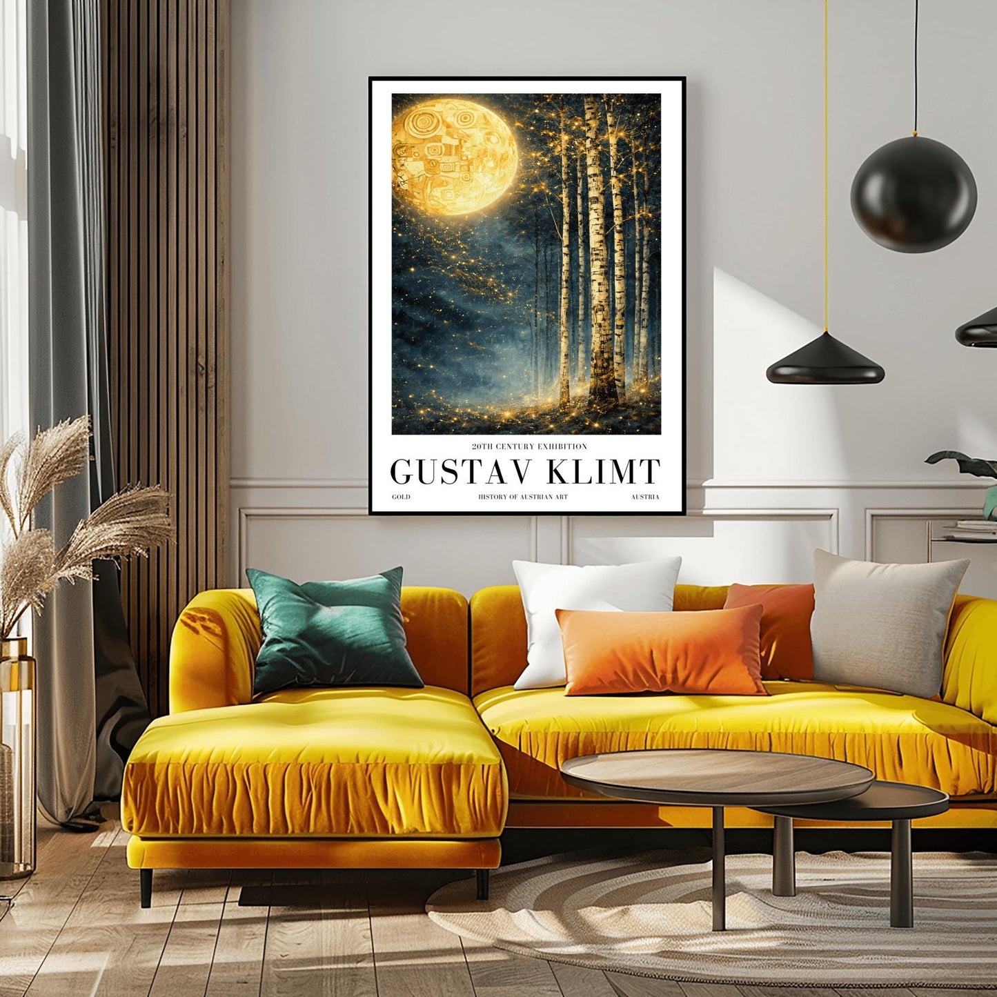 A vertical Art Nouveau illustration in the style of Gustav Klimt. A large, patterned golden moon sits in the upper left corner of a dark, misty teal forest. Slender birch trees stand on the right, while a swirl of golden stardust flows across the center.