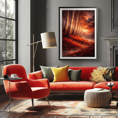 A vertical Art Nouveau illustration of a birch forest in autumn. Towering birch trees lean diagonally over a forest floor covered in a thick carpet of red and rust-colored leaves. A bright sun glows on the horizon through a dark, cloudy sky, scattering golden light and leaves through the air.