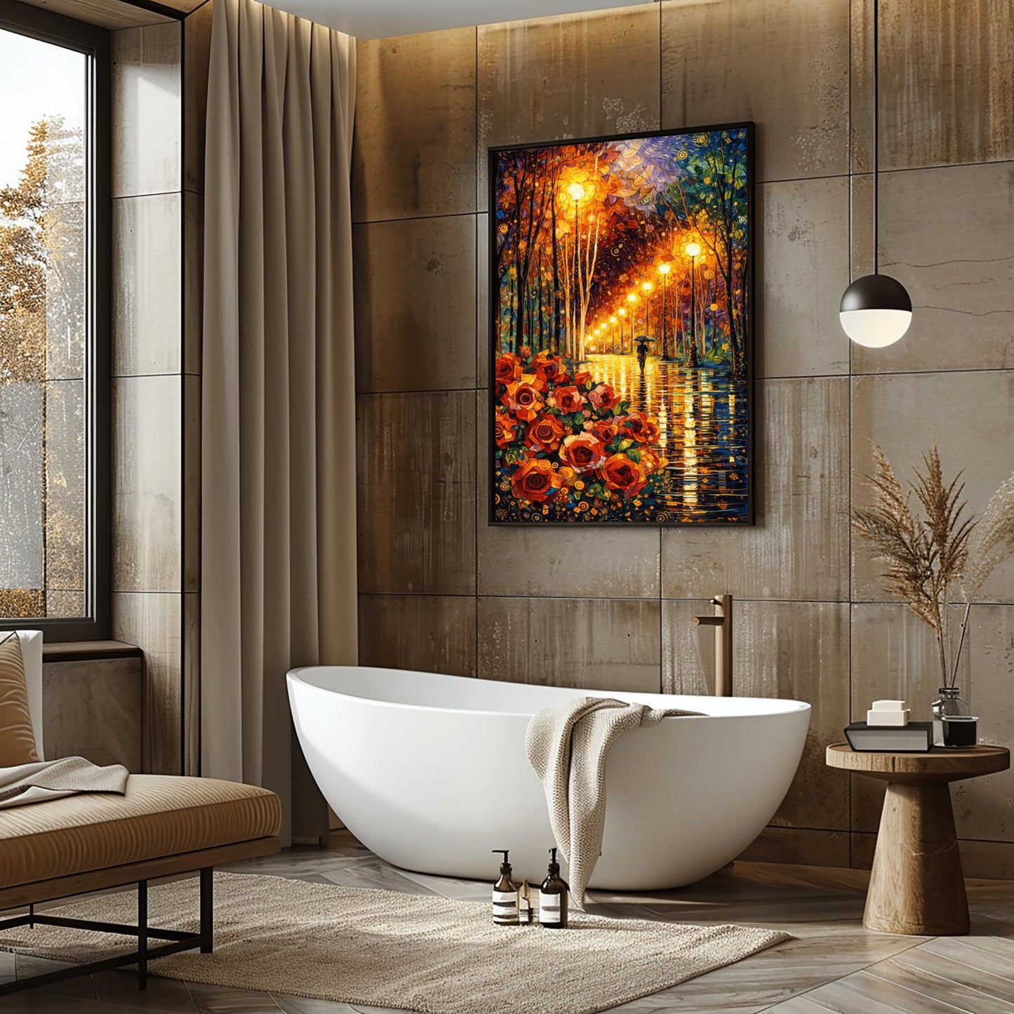 A vertical art print in the style of Gustav Klimt. In the bottom left, a large cluster of stylized red and orange roses with golden spiral centers is prominent. A rain-dampened path reflects the warm yellow light from a line of ornate street lamps. A small black silhouette of a person holding an umbrella walks down the path. The trees and sky are filled with decorative mosaics and swirls in blue, gold, and orange.
