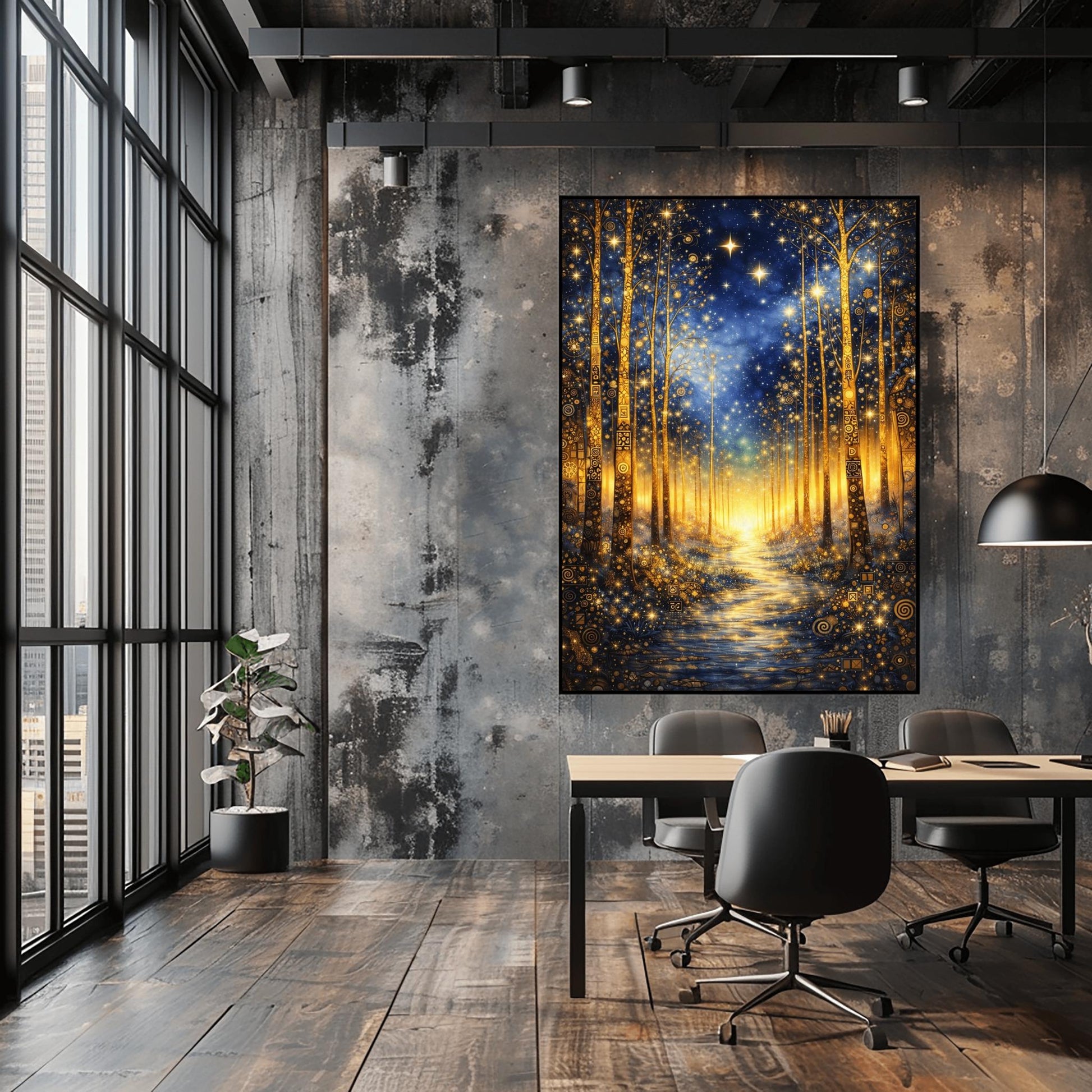 A vertical art print in the style of Gustav Klimt. It depicts a magical forest at night with tall, slender trees decorated with intricate golden swirls and geometric patterns. A shimmering golden path leads through the center toward a bright light in the distance. The dark blue sky is filled with numerous bright, glowing stars and a hazy golden nebula. The entire scene is rich with gold leaf textures and decorative mosaic details.