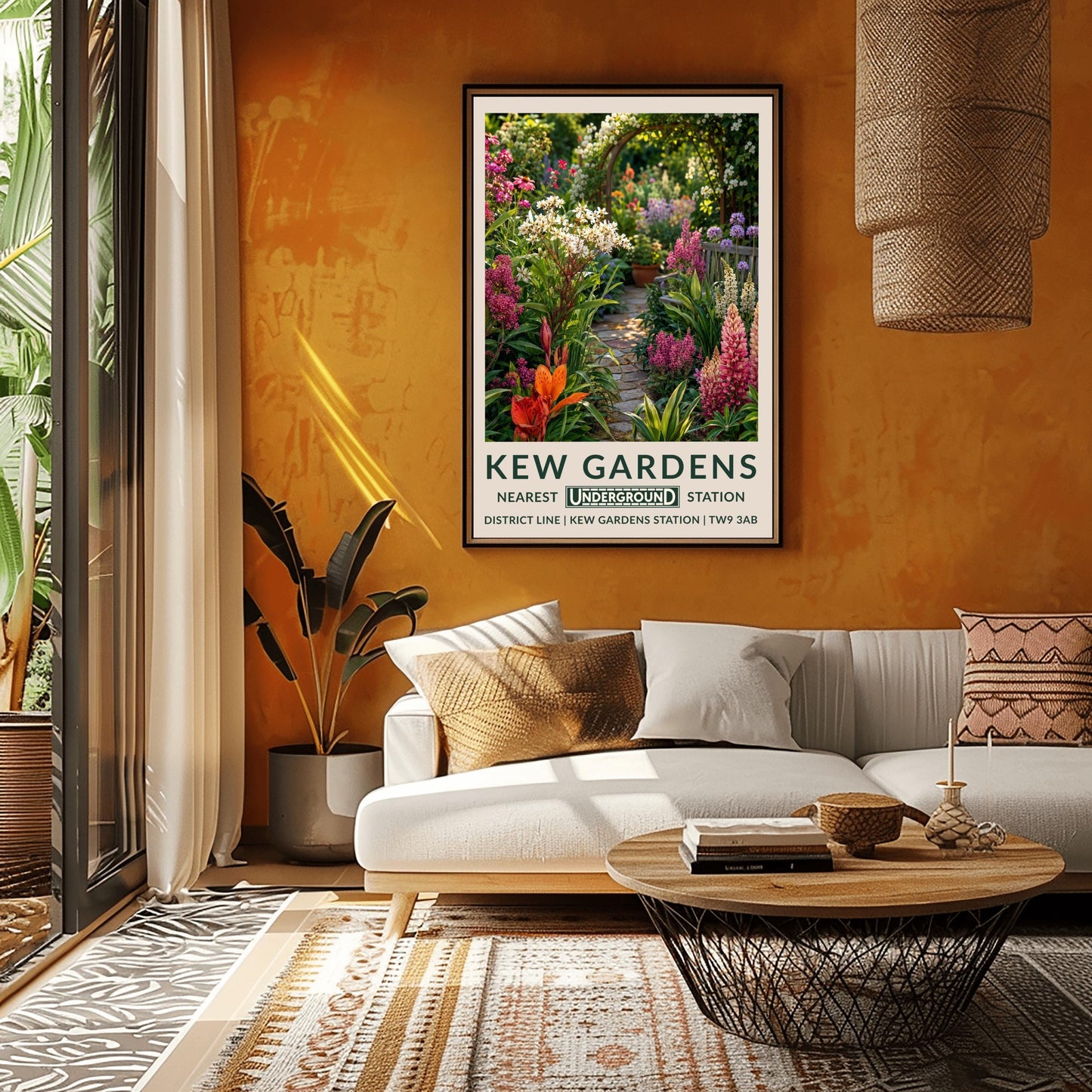 A vertical retro London Underground travel poster for Kew Gardens on a wide cream border. The top image shows a close-up, beautifully detailed illustration of a winding cobblestone garden pathway surrounded by dense flower borders. The foreground features tall pink lupins, a bright orange lily, and clusters of small white flowers. On the right sits a grey wooden bench under purple alliums. The path leads to a wooden archway covered in climbing white roses in the background.