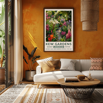 A vertical retro London Underground travel poster for Kew Gardens on a wide cream border. The top image shows a close-up, beautifully detailed illustration of a winding cobblestone garden pathway surrounded by dense flower borders. The foreground features tall pink lupins, a bright orange lily, and clusters of small white flowers. On the right sits a grey wooden bench under purple alliums. The path leads to a wooden archway covered in climbing white roses in the background.