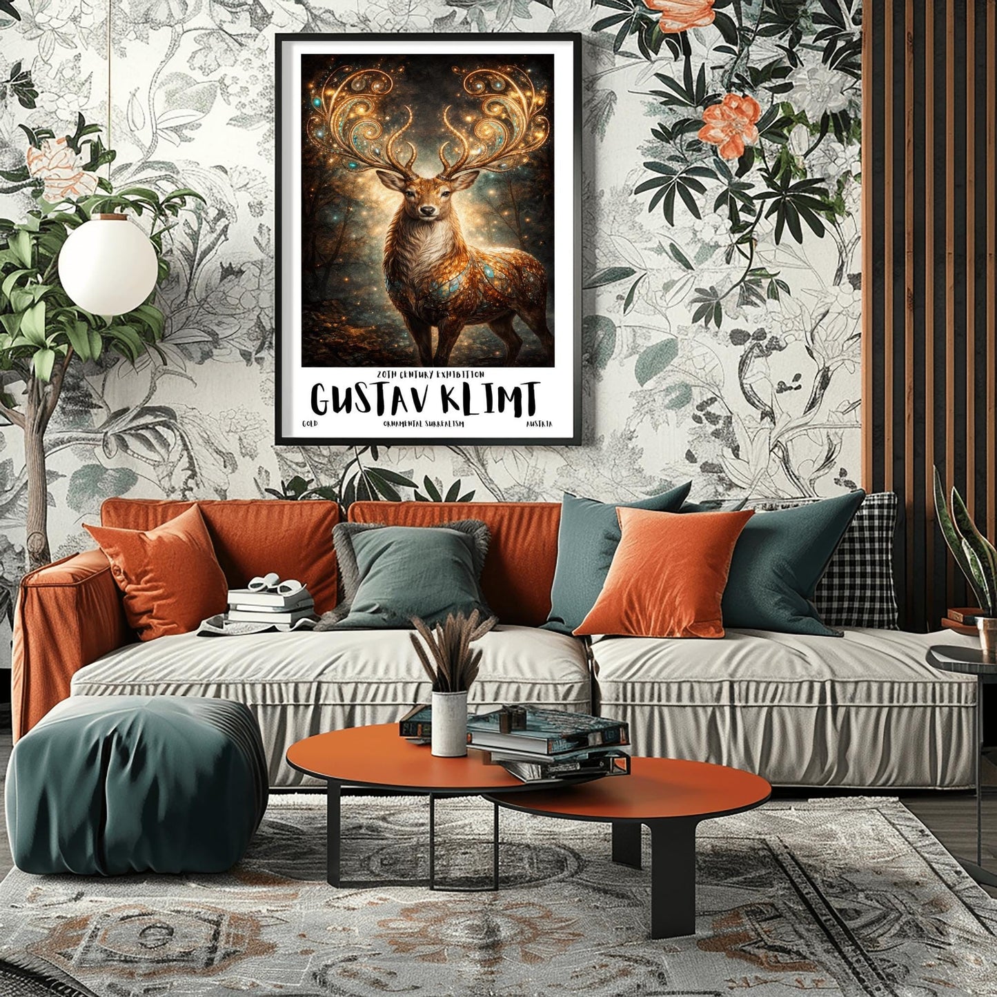 A vertical full-bleed illustration of a stag in the style of Gustav Klimt. The stag has massive, swirling golden antlers decorated with glowing gems. Its body is a mosaic of gold and turquoise. It stands in a misty, dark forest filled with golden sparks and floating embers.