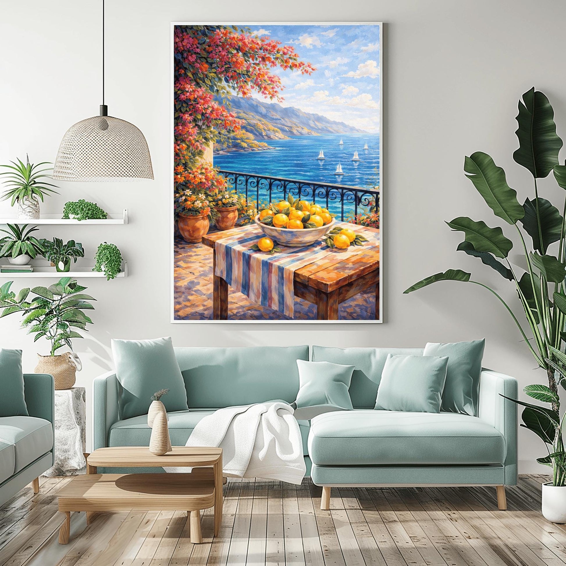 A vertical painterly illustration of a stone terrace with a black iron railing. A pink bougainvillea tree hangs from the top left over a wooden table with a bowl of oranges and lemons. Beyond the railing is a blue sea with white sailboats and a distant mountainous coastline.