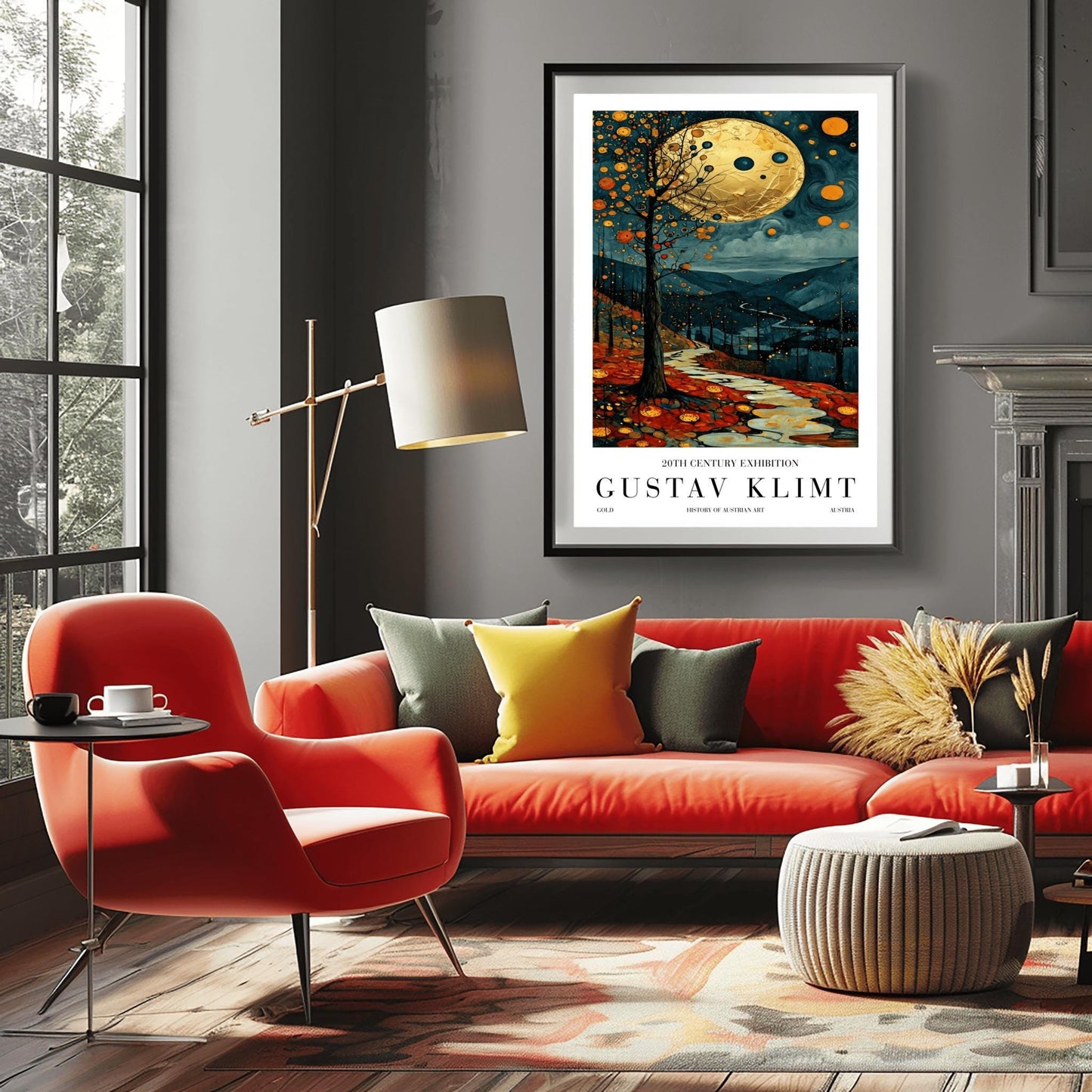 A vertical fine art painting in the style of Gustav Klimt. A massive, textured golden moon hangs in a dark, starlit sky above rolling teal mountains. A white, winding stone path leads through a foreground of orange and red autumn leaves. On the left, a slender tree is decorated with golden mosaic orbs. The overall style is rich in texture and golden ornamentation.