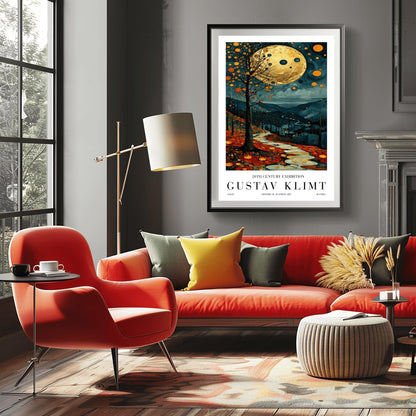 A vertical fine art painting in the style of Gustav Klimt. A massive, textured golden moon hangs in a dark, starlit sky above rolling teal mountains. A white, winding stone path leads through a foreground of orange and red autumn leaves. On the left, a slender tree is decorated with golden mosaic orbs. The overall style is rich in texture and golden ornamentation.