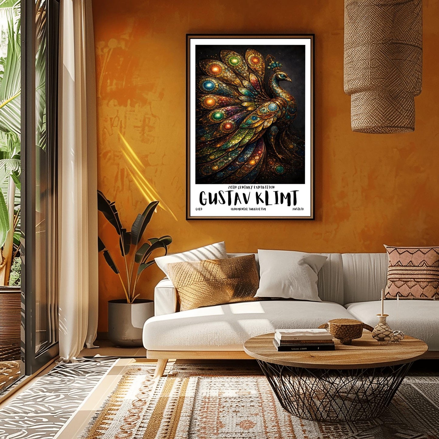 A vertical exhibition poster for Gustav Klimt. A peacock is shown in profile with a large, spread-out tail made of golden mosaic patterns and glowing jewel-toned circles in green, blue, and amber. The background is dark, and the bottom features bold text reading "GUSTAV KLIMT."