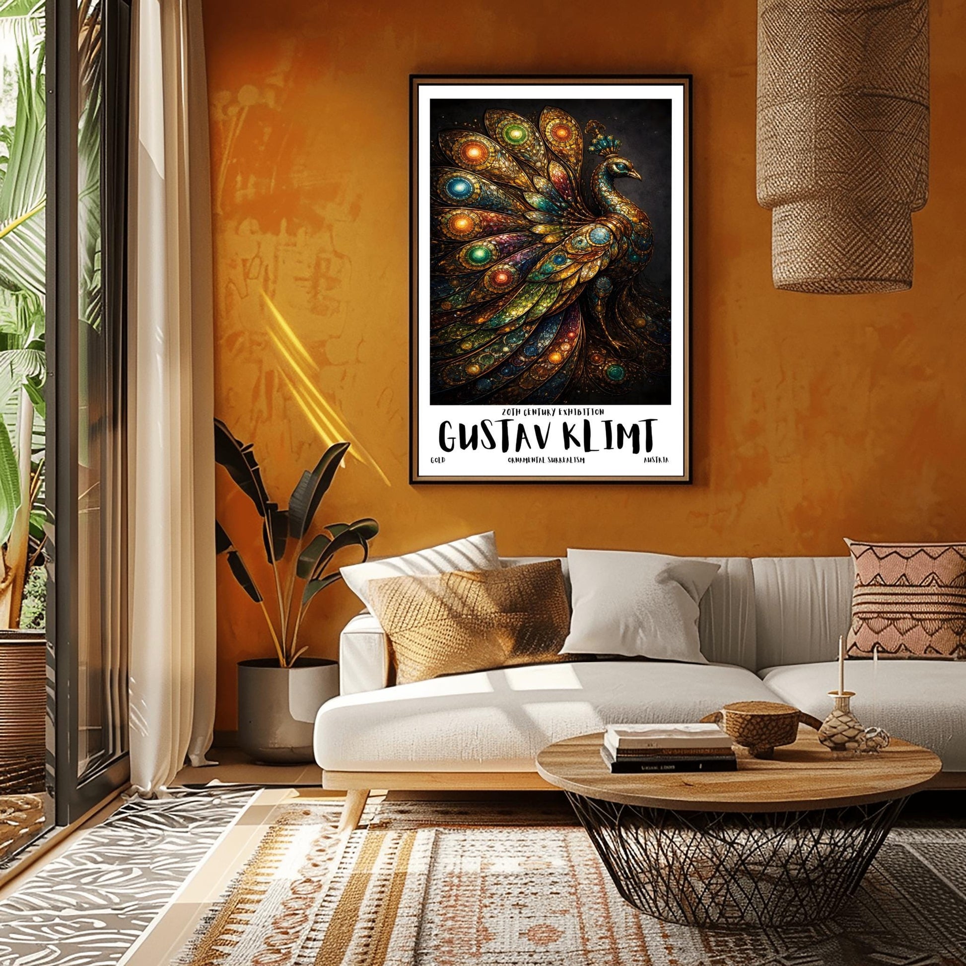 A vertical exhibition poster for Gustav Klimt. A peacock is shown in profile with a large, spread-out tail made of golden mosaic patterns and glowing jewel-toned circles in green, blue, and amber. The background is dark, and the bottom features bold text reading "GUSTAV KLIMT."