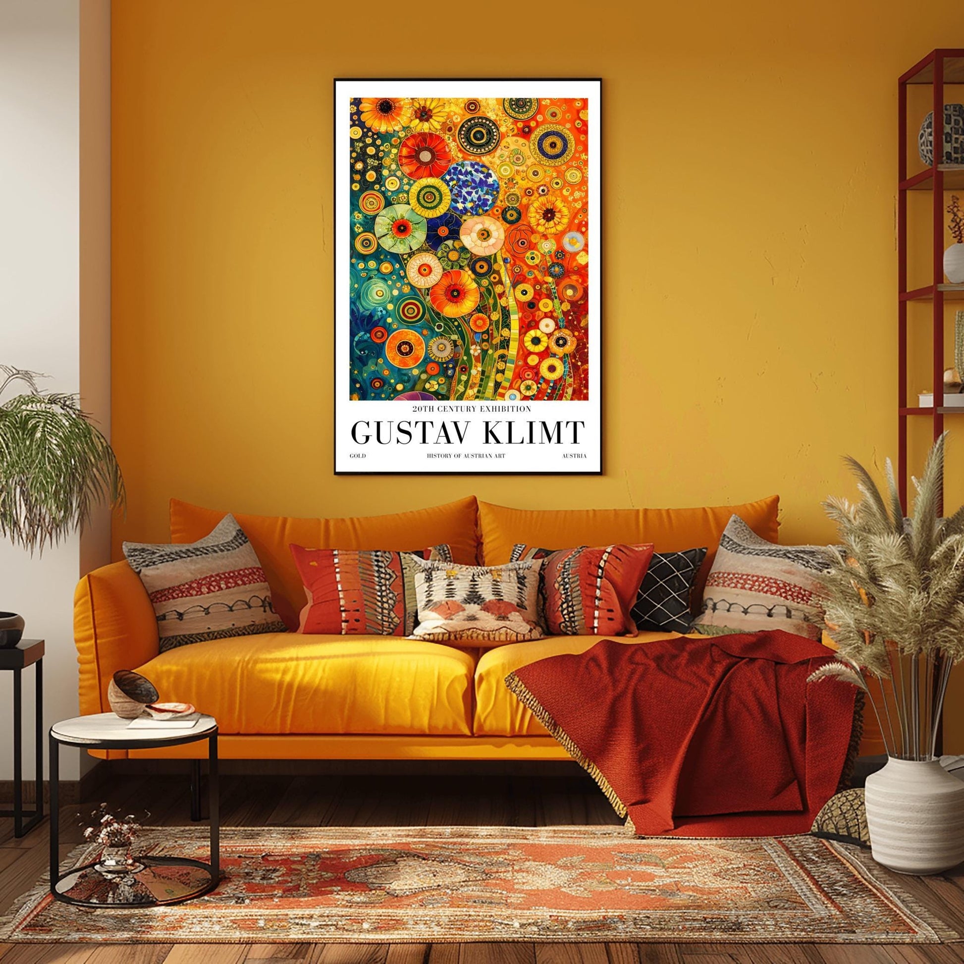 A vertical museum exhibition poster in the style of Gustav Klimt. The central image is a dense, colorful mosaic of stylized flowers in teal, orange, and red. The artwork is surrounded by a white border with bold black text that reads "GUSTAV KLIMT" and "20TH CENTURY EXHIBITION."