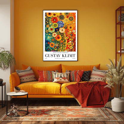 A vertical museum exhibition poster in the style of Gustav Klimt. The central image is a dense, colorful mosaic of stylized flowers in teal, orange, and red. The artwork is surrounded by a white border with bold black text that reads "GUSTAV KLIMT" and "20TH CENTURY EXHIBITION."