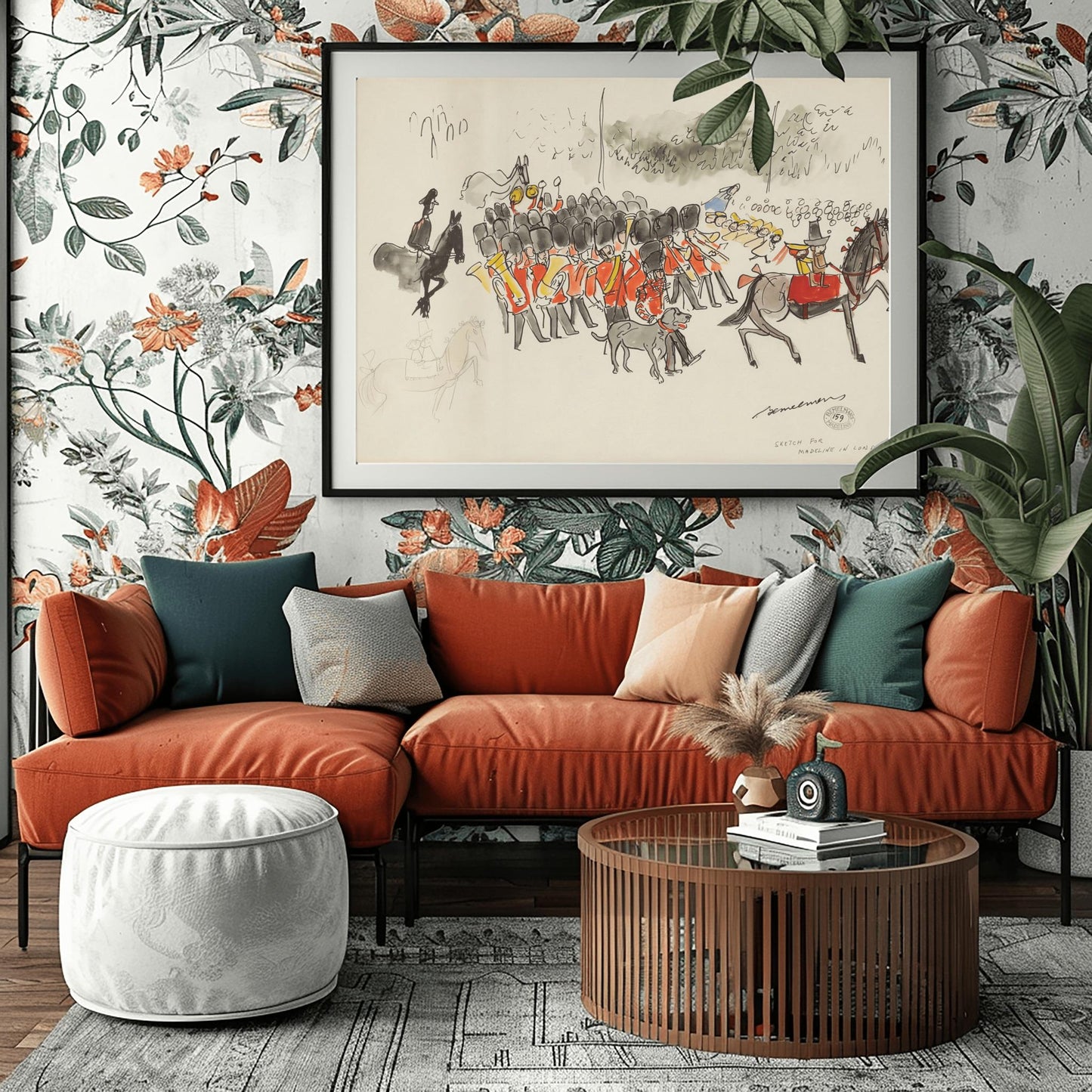 A vertical ink and watercolor sketch on cream paper by Ludwig Bemelmans titled "Sketch for Madeline in London." It depicts a band of British Royal Guards in red tunics and tall black bearskin hats playing brass instruments. To the right, Madeline and Pepito sit on a large grey horse. In the background, twelve schoolgirls in yellow hats watch the parade. A grey dog walks in the foreground. The artist's signature and a collection stamp are at the bottom right.