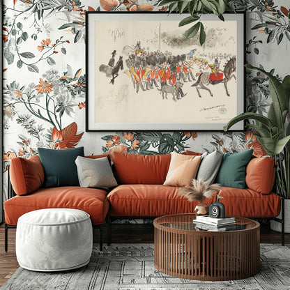 A vertical ink and watercolor sketch on cream paper by Ludwig Bemelmans titled "Sketch for Madeline in London." It depicts a band of British Royal Guards in red tunics and tall black bearskin hats playing brass instruments. To the right, Madeline and Pepito sit on a large grey horse. In the background, twelve schoolgirls in yellow hats watch the parade. A grey dog walks in the foreground. The artist's signature and a collection stamp are at the bottom right.