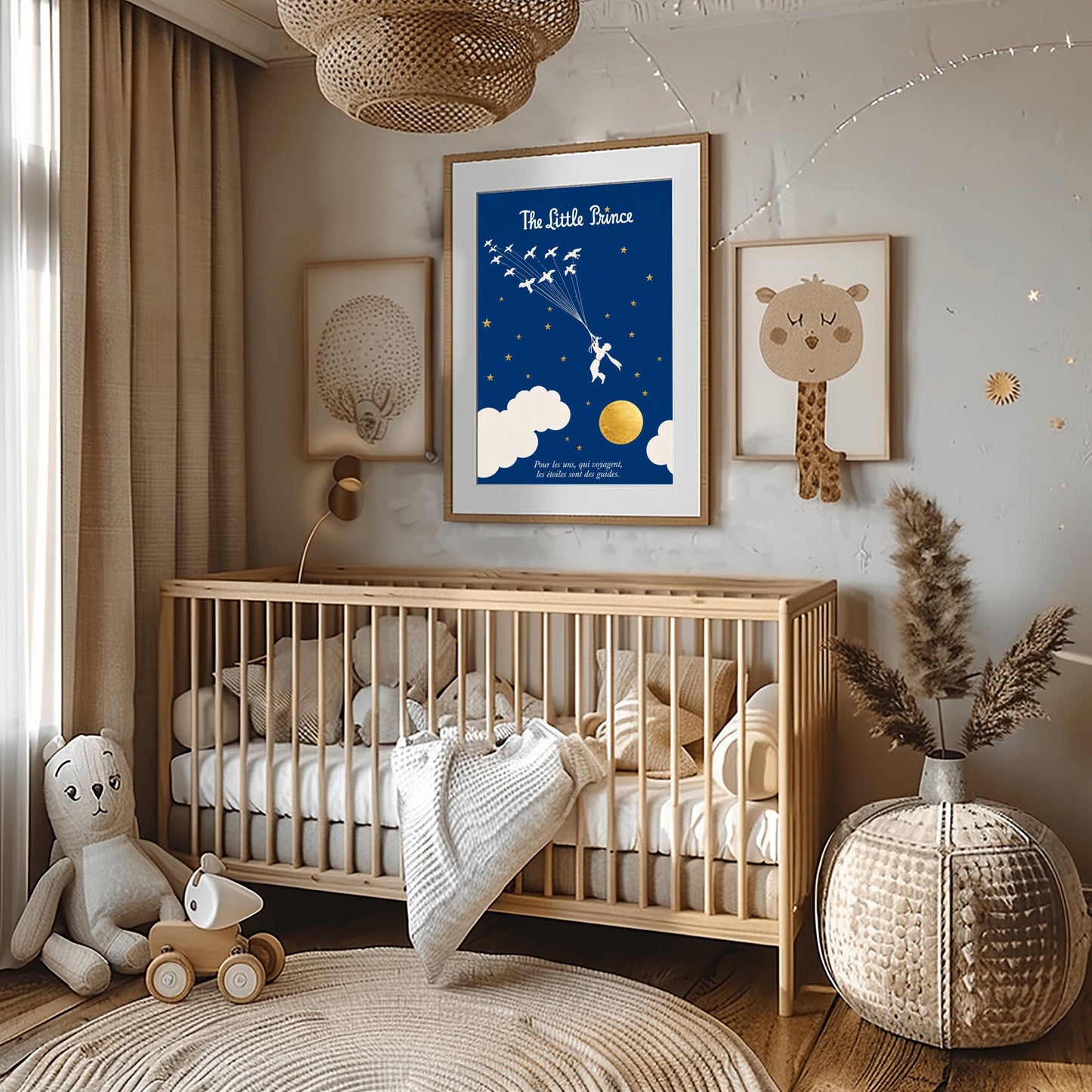 A vertical art print with a deep indigo blue background. A small white silhouette of a boy, the Little Prince, is being pulled upward by a flock of white birds on long strings. The sky is filled with small gold stars and large white clouds at the bottom, next to a textured gold moon. The title "The Little Prince" is at the top in white script, and a French quote is at the bottom in white italics.
