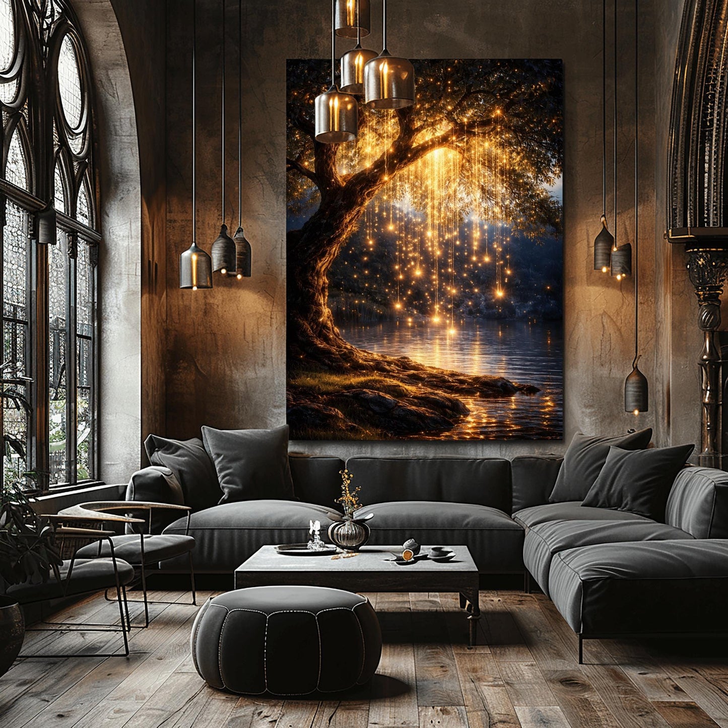 A vertical full-bleed illustration of a weeping willow tree at night in the style of Gustav Klimt. The branches hang down like strings of golden lights over a dark lake. The water reflects the golden glow, and the tree stands on a mossy bank against a dark forest background.