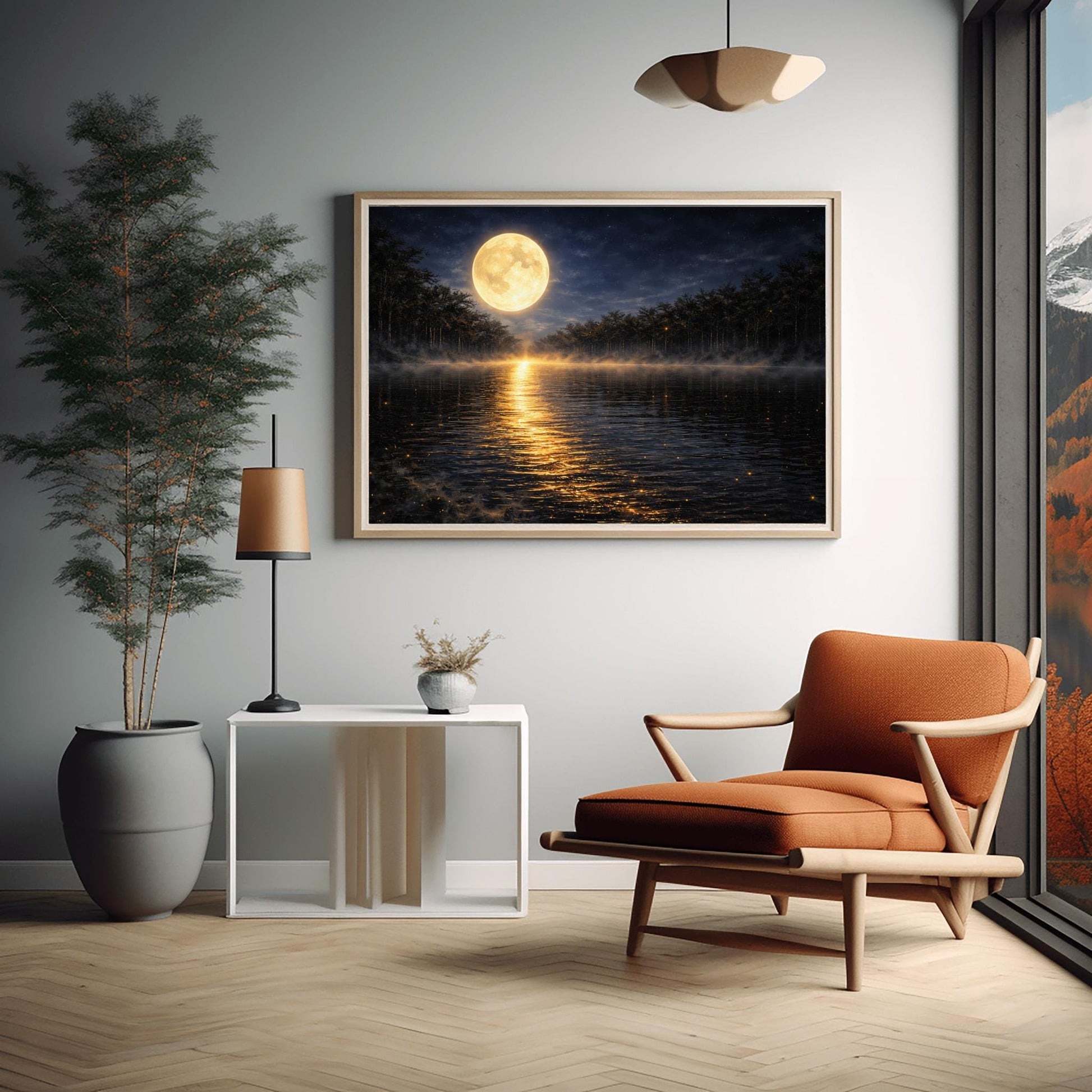 A horizontal landscape art print in the style of Gustav Klimt. A large, luminous golden moon hangs in a dark, starlit sky over a calm lake. A brilliant trail of golden light reflects across the dark water toward the viewer. Low-lying mist rolls across the lake's surface, and silhouetted dark trees line the distant shore. The overall color palette is a striking contrast of deep midnight blue and radiant metallic gold.