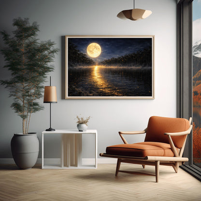 A horizontal landscape art print in the style of Gustav Klimt. A large, luminous golden moon hangs in a dark, starlit sky over a calm lake. A brilliant trail of golden light reflects across the dark water toward the viewer. Low-lying mist rolls across the lake's surface, and silhouetted dark trees line the distant shore. The overall color palette is a striking contrast of deep midnight blue and radiant metallic gold.