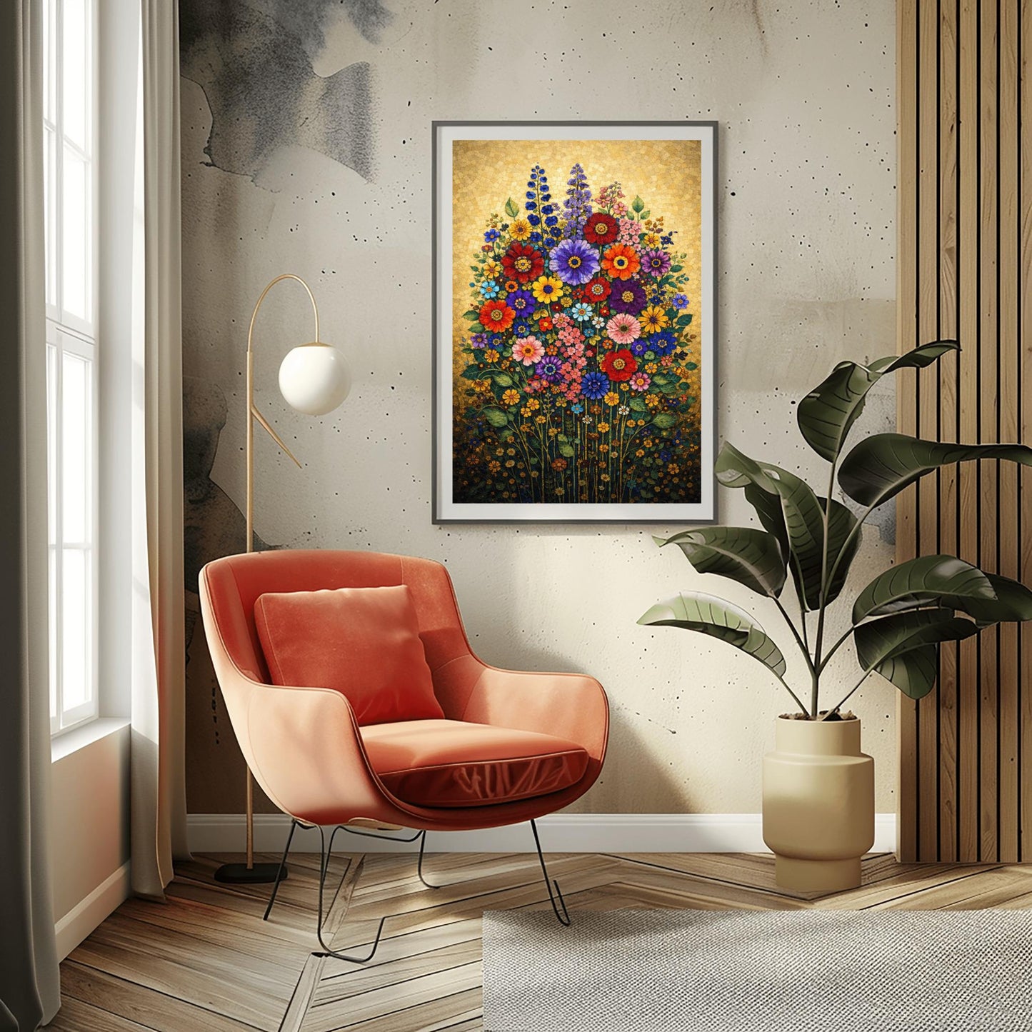 A vertical art print in the style of Gustav Klimt featuring a dense bouquet of colorful wildflowers. The flowers, including red, purple, and orange zinnias and tall blue delphiniums, are rendered as intricate mosaics with geometric patterns. The entire arrangement is set against a shimmering, gold-tiled background that glows with metallic light. The style is highly decorative, maximalist, and vibrant.