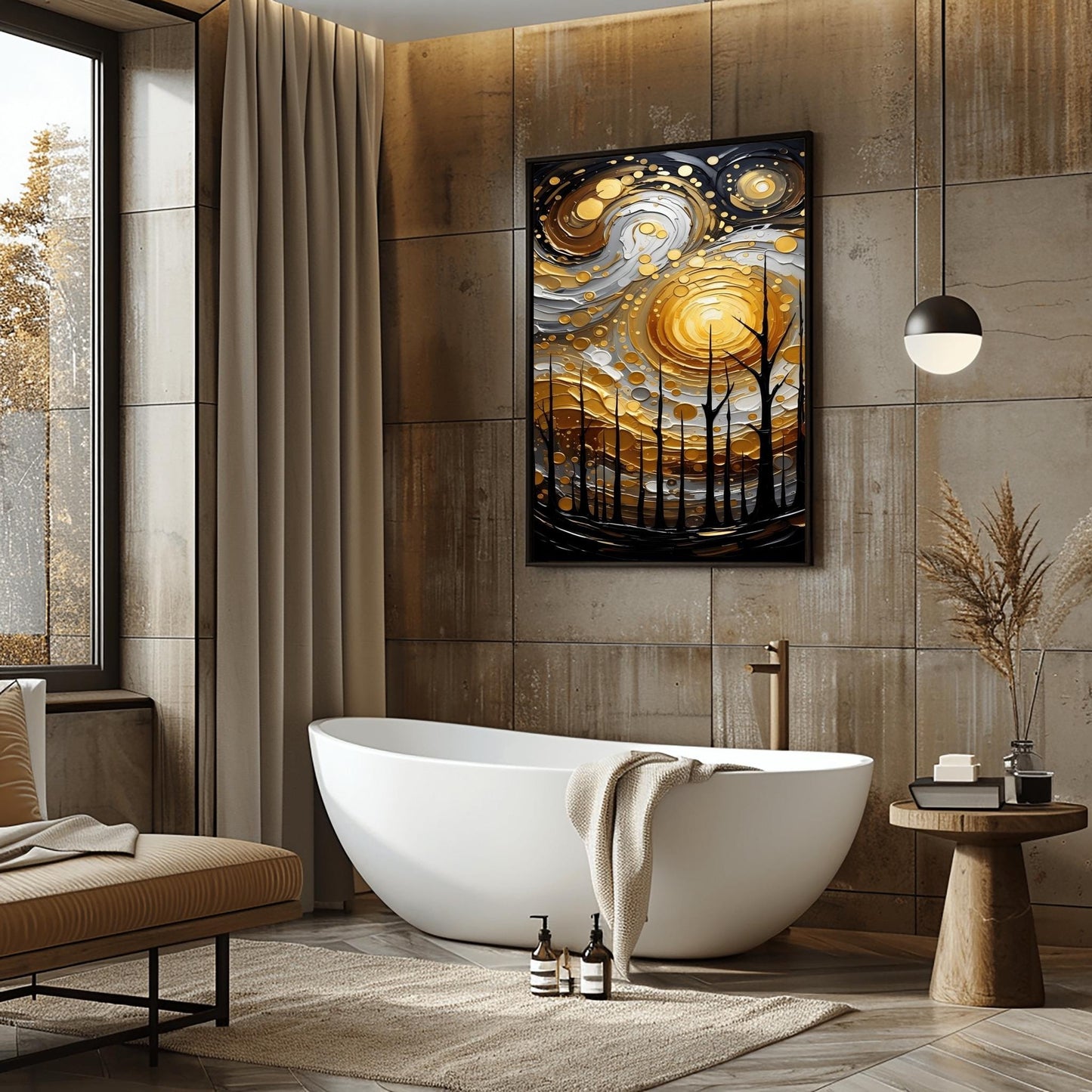 A vertical abstract painting in the style of Gustav Klimt. A group of black, silhouetted tree trunks stand in the foreground against a massive, swirling sun composed of concentric rings of gold, silver, and cream. The background is a dark, moody grey. The style features heavy, thick paint textures and metallic-looking circular accents scattered throughout.