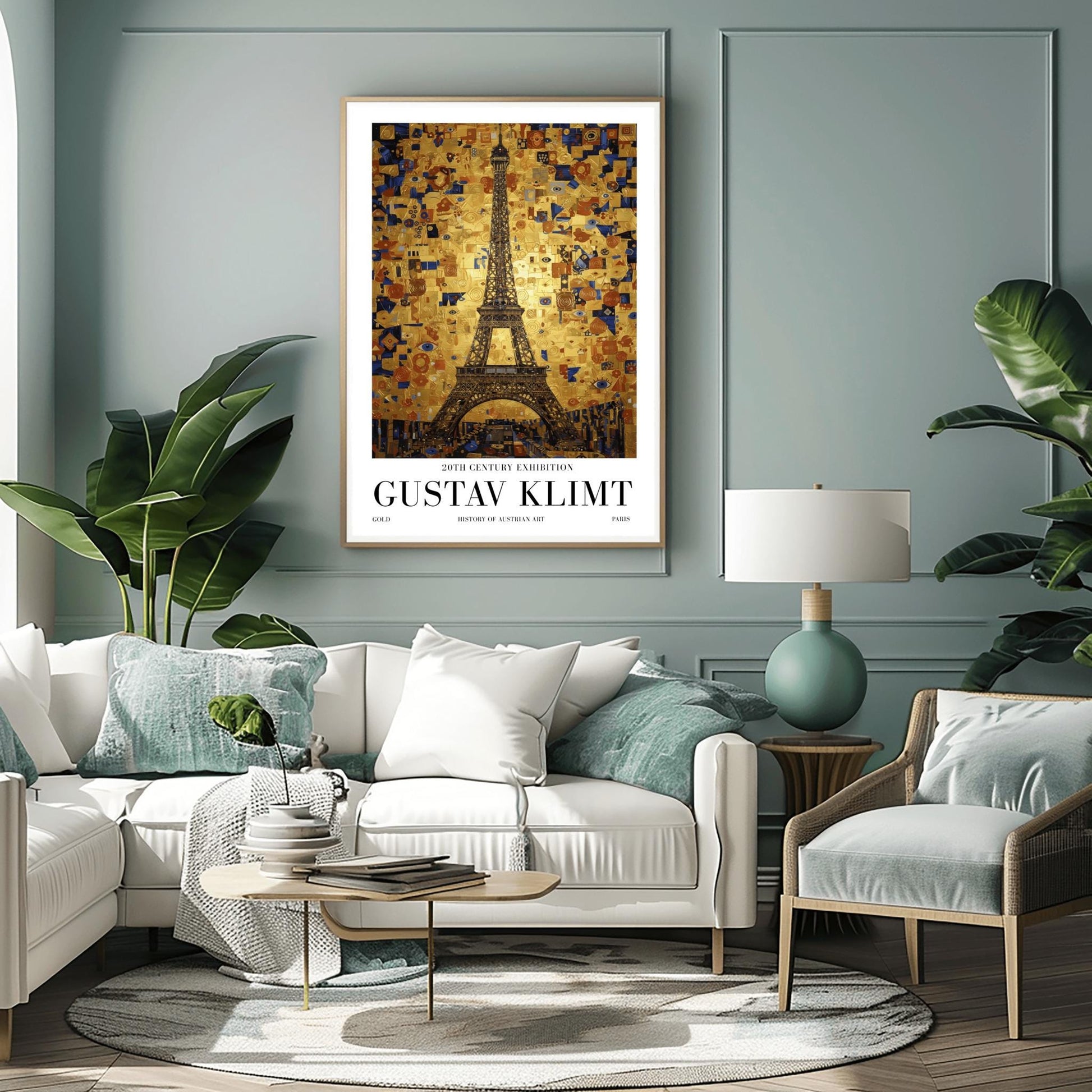 A vertical museum exhibition poster in the style of Gustav Klimt. The Eiffel Tower in Paris is rendered in a dark structural style against a sky made of a dense golden mosaic of squares, tiles, and blue "eye" symbols. Bold black text at the bottom reads "GUSTAV KLIMT" and "PARIS."