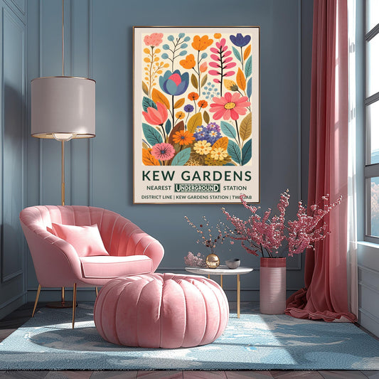 A vertical vintage travel poster for Kew Gardens featuring a whimsical, flat-style floral illustration. The composition is filled with stylized flowers in pink, orange, blue, and yellow. Various leaf shapes in teal and sage green overlap throughout the design. The background is a light cream color with a subtle paper texture. The bottom features a cream border with bold green text: "KEW GARDENS" and "NEAREST UNDERGROUND STATION" with District Line details.