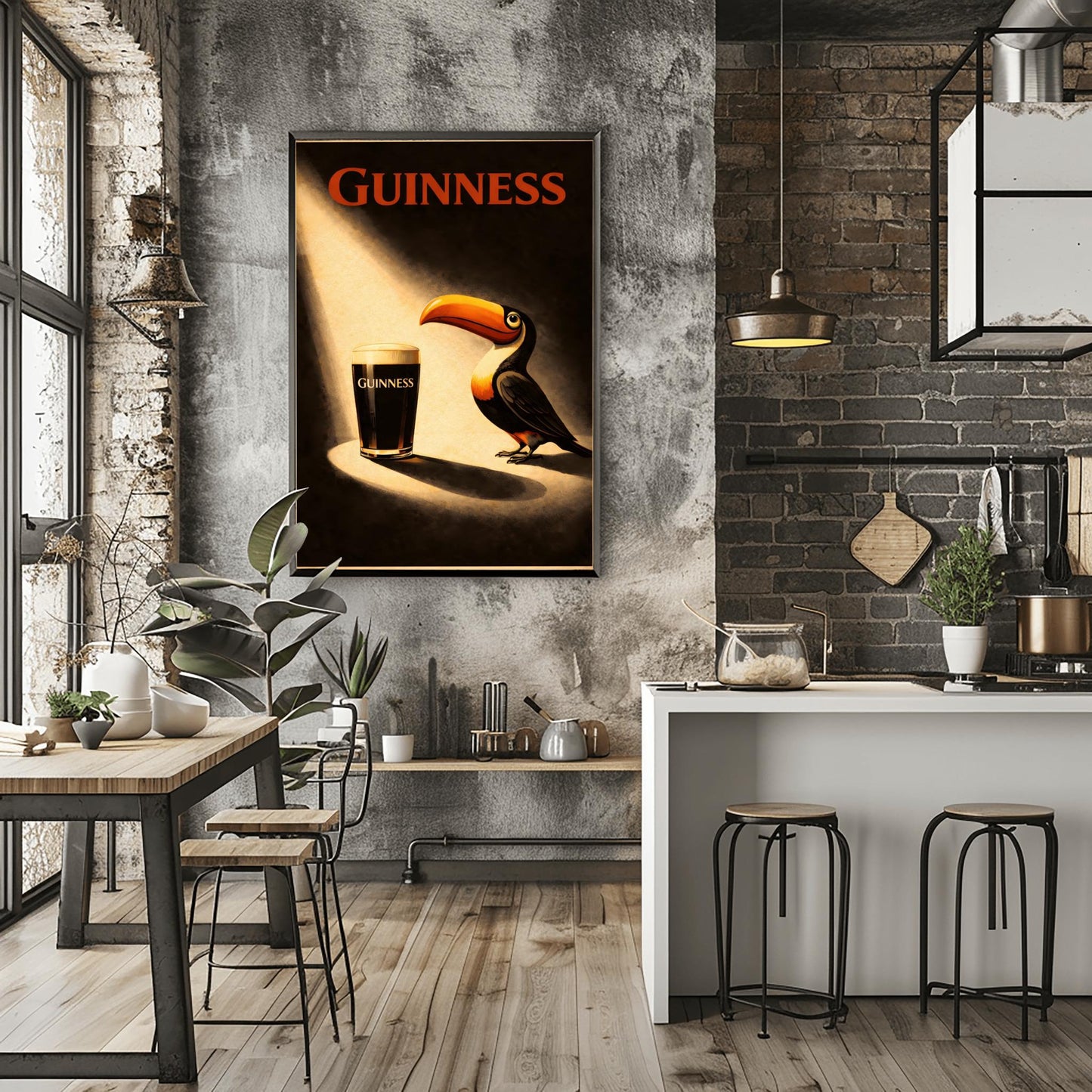 A vertical vintage-style poster. A bright spotlight shines down on a pint of Guinness with a creamy head. A colorful toucan stands in the light next to the glass, looking at it. The background is dark and moody with "GUINNESS" written in red at the top.