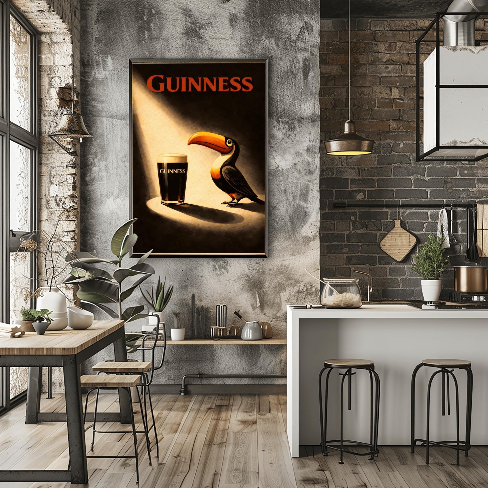 A vertical vintage-style poster. A bright spotlight shines down on a pint of Guinness with a creamy head. A colorful toucan stands in the light next to the glass, looking at it. The background is dark and moody with "GUINNESS" written in red at the top.