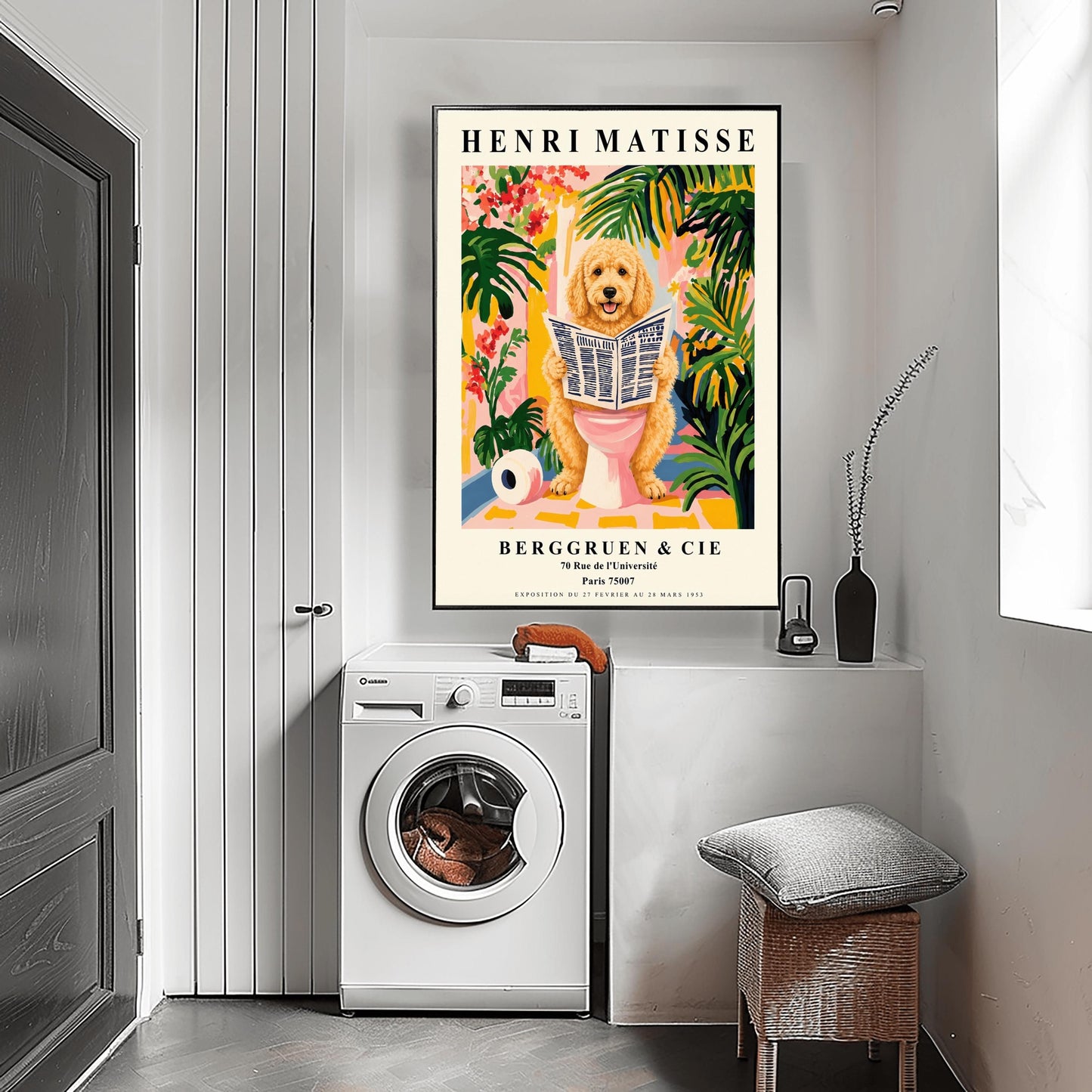 A vertical fine art exhibition poster in the style of Henri Matisse featuring a wide cream border. Bold black text reads "HENRI MATISSE" at the top and "BERGGRUEN & CIE" at the bottom. The central painting humorously shows a fluffy golden doodle dog sitting on a pink toilet while reading a newspaper, surrounded by vibrant green palm leaves, tropical flowers, and a toilet paper roll on the floor.