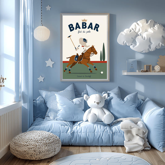 A vertical storybook-style art print of Babar the Elephant playing polo. Babar is riding a chestnut brown horse, wearing a white jersey with the number 3, a red bow tie, and a navy riding helmet. He holds a polo mallet in one hand. The horse has navy and white striped leg wraps. The background features a green field, a red horizon line, and two green cypress trees under a cream sky. The top reads "BABAR fait du polo" with a gold crown.