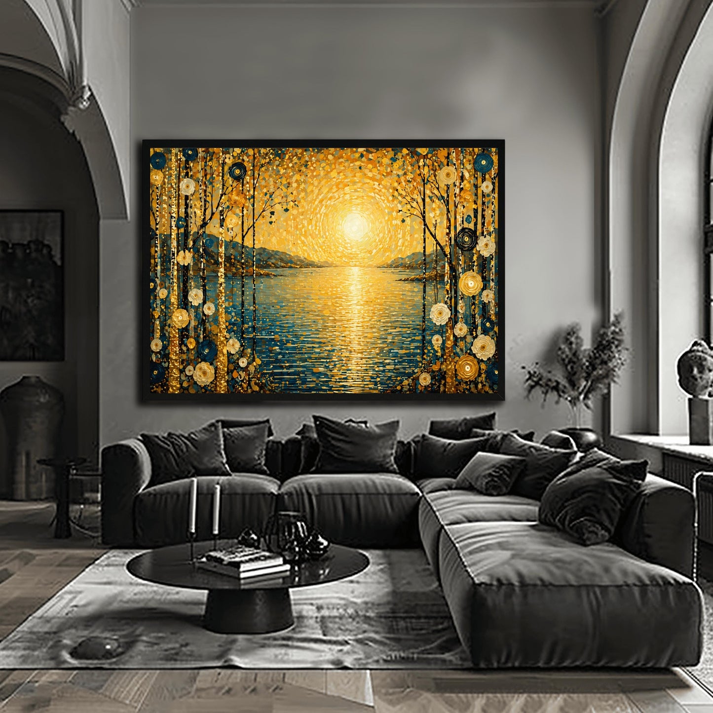 A horizontal art print in a decorative mosaic style inspired by Gustav Klimt. A large, radiant golden sun composed of shimmering circles hangs over a calm blue lake, with its light reflecting on the water's surface. The scene is framed on both sides by tall, thin birch trees decorated with stylized gold and cream flowers. Muted blue mountains are visible in the background under a sky filled with golden, dappled light patterns.