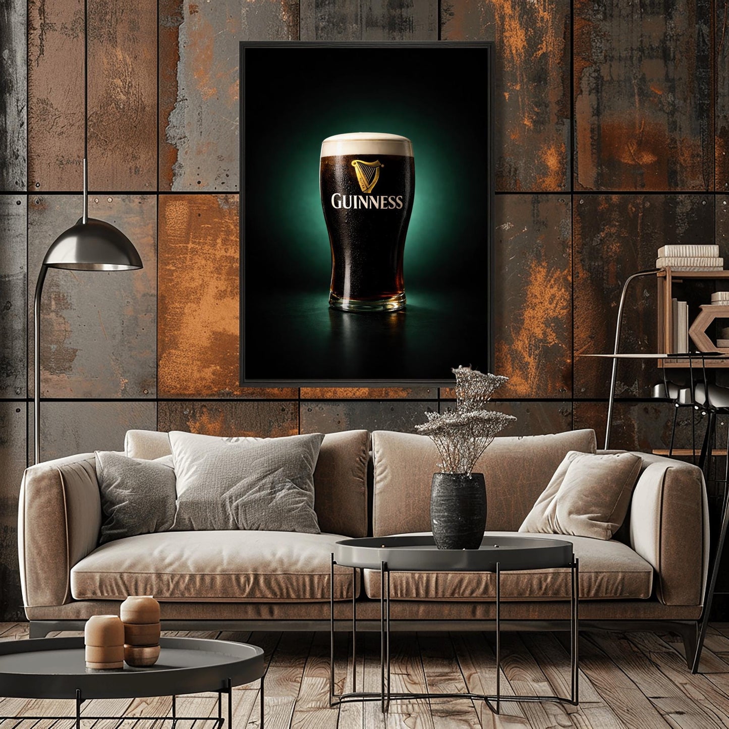 A vertical hyper-realistic photograph of a pint of Guinness centered against a dark background with a soft emerald green glow. The glass is covered in light condensation and features the gold Guinness logo. The foam is thick and white, and a slight ruby-red glow is visible at the bottom of the dark liquid.