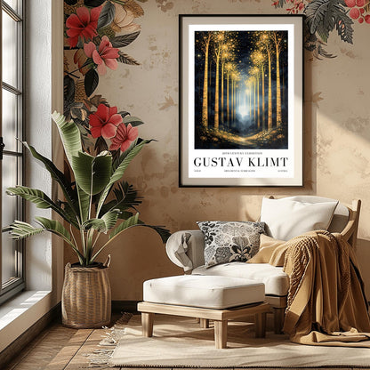 A vertical full-bleed illustration of a birch forest at night in the style of Gustav Klimt. The slender trunks are covered in golden patterns, and the tops of the trees explode into golden sparks and stars. A glowing golden path leads into a misty blue distance.