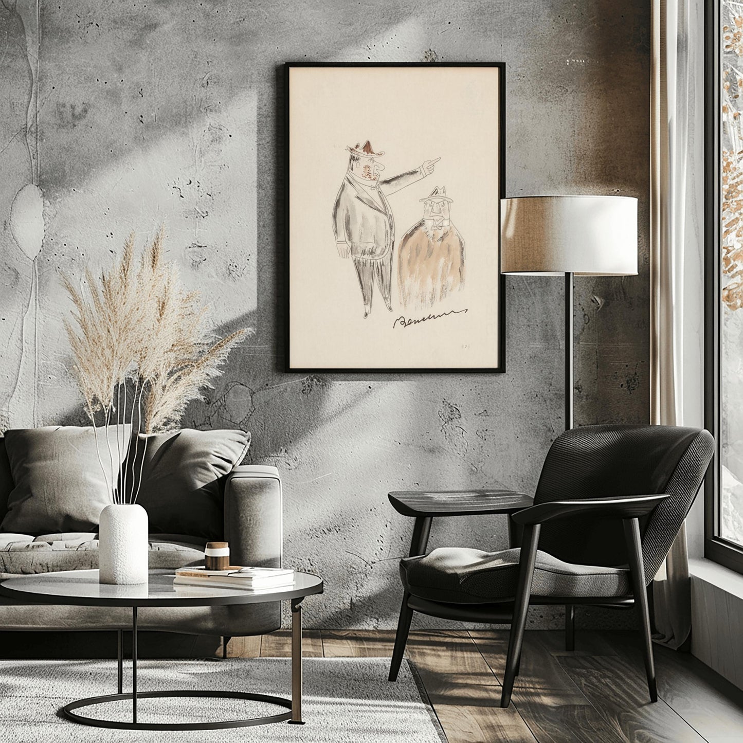 A vertical minimalist fine art exhibition poster featuring an authentic character sketch by Ludwig Bemelmans on a warm cream background with a wide white gallery border. The black ink and crayon drawing illustrates a tall man in a suit and hat pointing to the right, next to a shorter man in a brown coat looking forward. The artist's signature "Bemelmans" is written boldly at the bottom.