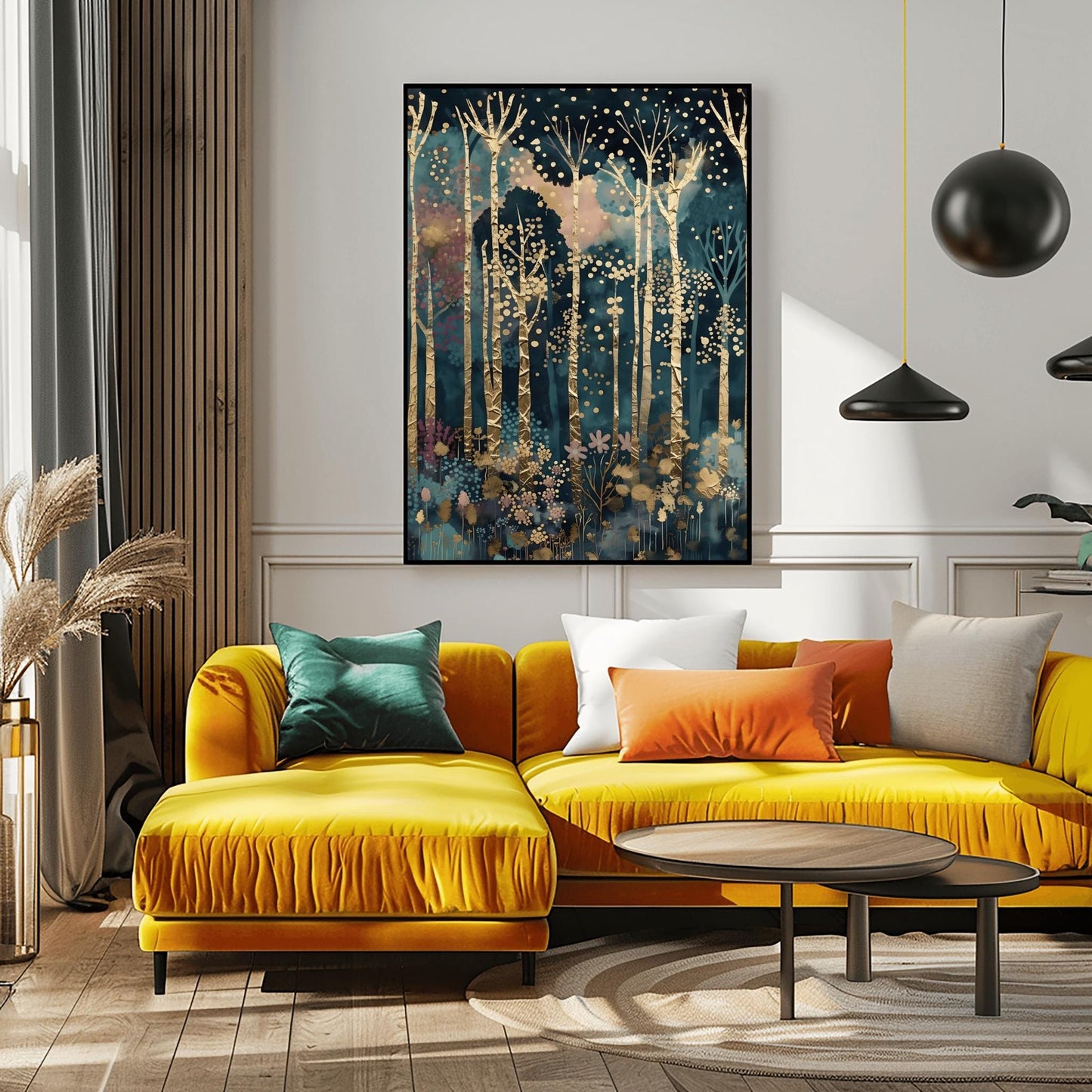 A vertical fine art painting in the style of Gustav Klimt. Tall, slender birch trees with heavy gold-leaf textures and dark geometric patterns rise against a dark teal and navy midnight sky. The sky is filled with floating golden orbs and stardust. At the bottom, a delicate layer of pink and blue stylized flowers grows among the roots. The overall mood is quiet, luxurious, and magical.