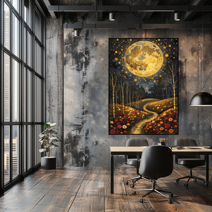 A vertical fine art painting in the style of Gustav Klimt. A massive, textured golden moon fills the upper half of a dark, starlit sky. Below, a winding golden path leads through a lush field of colorful wildflowers including pink, red, and white blooms. Slender birch trees with gold accents frame the meadow. The style is highly decorative with mosaic patterns and shimmering light effects.