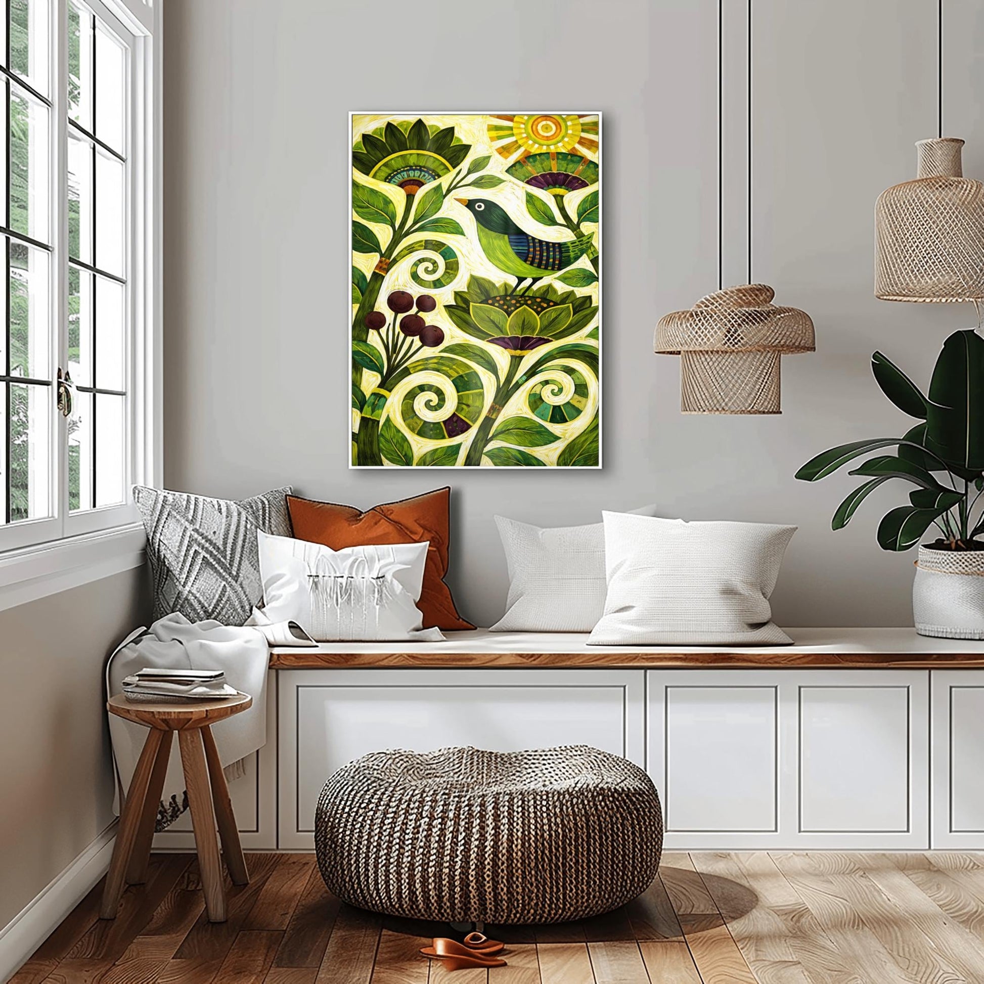 A vertical folk-style art print. A green-headed bird with a blue and purple striped wing sits on a large, stylized green flower. Swirling vines and leaves in various shades of green fill the bottom half of the frame, accompanied by a cluster of dark purple berries. In the top right corner, a bright yellow sun with concentric circles and rectangular rays shines down. The background is a textured off-white with fine, rhythmic brushstrokes throughout the composition.