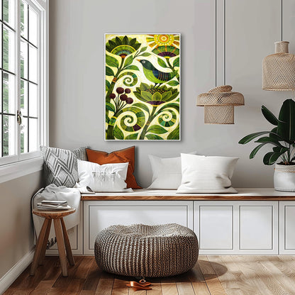 A vertical folk-style art print. A green-headed bird with a blue and purple striped wing sits on a large, stylized green flower. Swirling vines and leaves in various shades of green fill the bottom half of the frame, accompanied by a cluster of dark purple berries. In the top right corner, a bright yellow sun with concentric circles and rectangular rays shines down. The background is a textured off-white with fine, rhythmic brushstrokes throughout the composition.