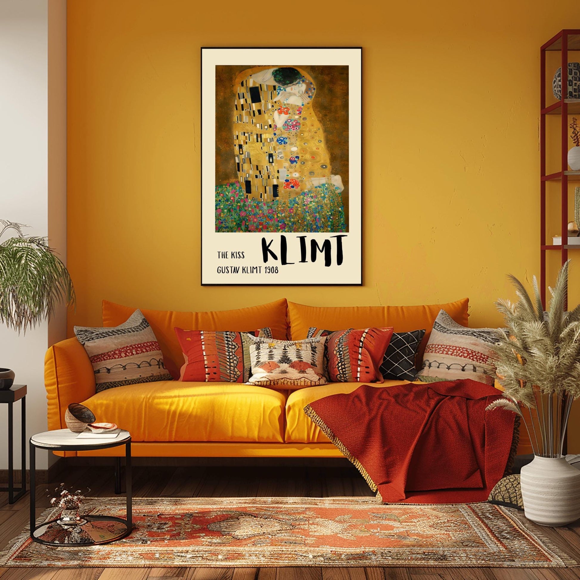 A vertical fine art print of "The Kiss" by Gustav Klimt. Two lovers are shown in an intimate embrace, their bodies covered in elaborate, decorative gold robes. The man's robe features black and white geometric shapes, while the woman's features colorful floral circles. They kneel on a lush bed of colorful wildflowers against a dark, shimmering gold background. The style is rich in mosaic-like patterns and Art Nouveau ornamentation.