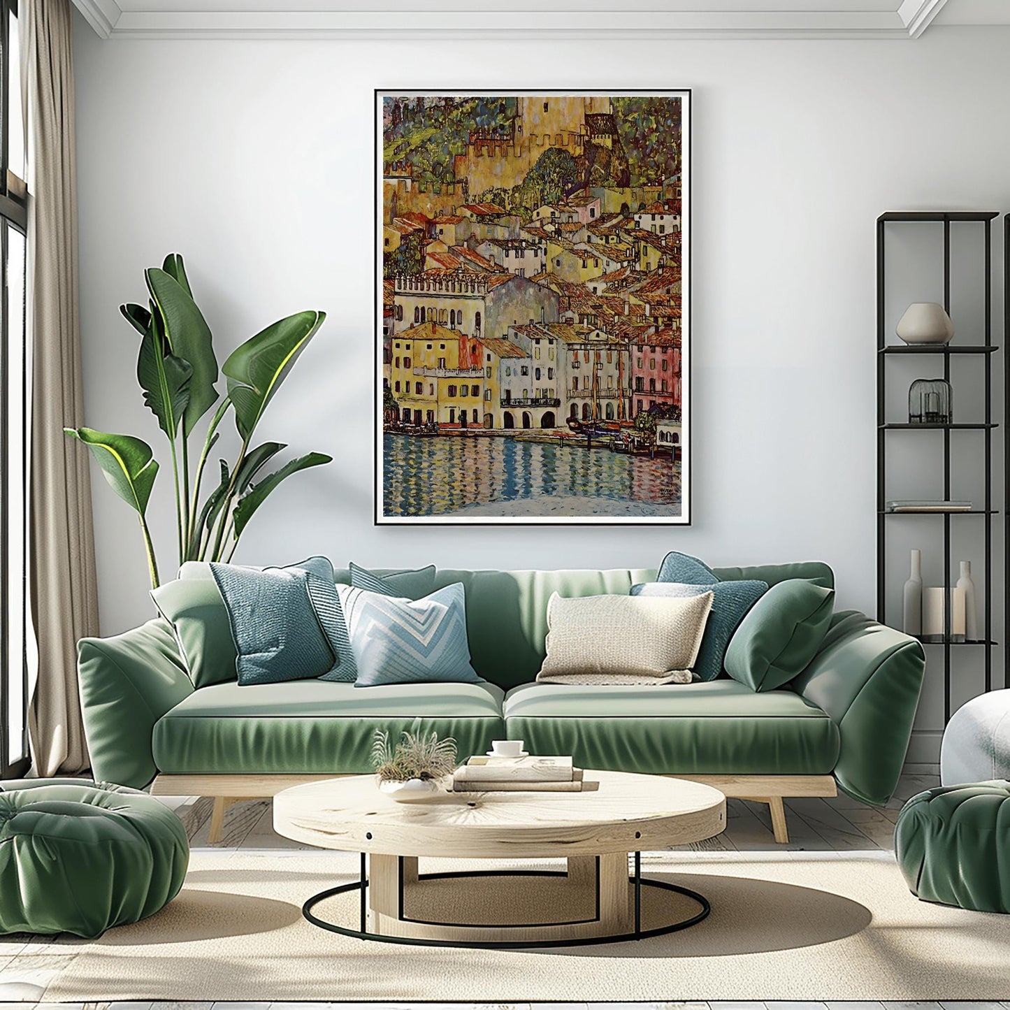 A vertical fine art reproduction of Gustav Klimt's "Malcesine on Lake Garda." The painting depicts a dense Italian village of colorful houses with red-tiled roofs nestled along a lake. A medieval castle stands on a hill above the town. The water in the foreground features vibrant blue and gold reflections. The style is a decorative, mosaic-like landscape typical of Klimt's later works.