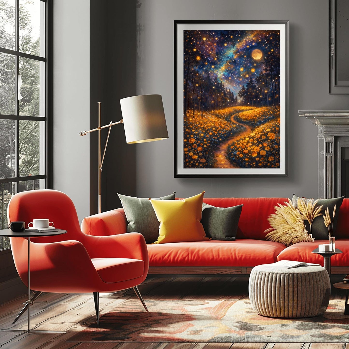 A vertical fine art print in the style of Gustav Klimt. A glowing path winds through a dense field of amber-colored wildflowers. Dark silhouettes of trees stand in the middle ground. The night sky is a deep indigo nebula filled with golden stars and a large, glowing full moon.