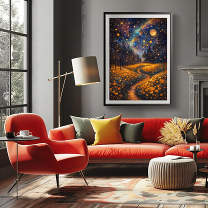 A vertical fine art print in the style of Gustav Klimt. A glowing path winds through a dense field of amber-colored wildflowers. Dark silhouettes of trees stand in the middle ground. The night sky is a deep indigo nebula filled with golden stars and a large, glowing full moon.