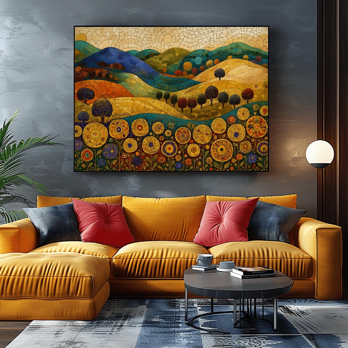 A horizontal fine art painting in the style of Gustav Klimt. Rolling hills in shades of blue, green, and orange are rendered with mosaic tile textures. In the foreground, a row of large, stylized golden sunflowers with intricate geometric centers stands tall. Small, rounded dark trees are scattered across the landscape under a cream-colored mosaic sky.