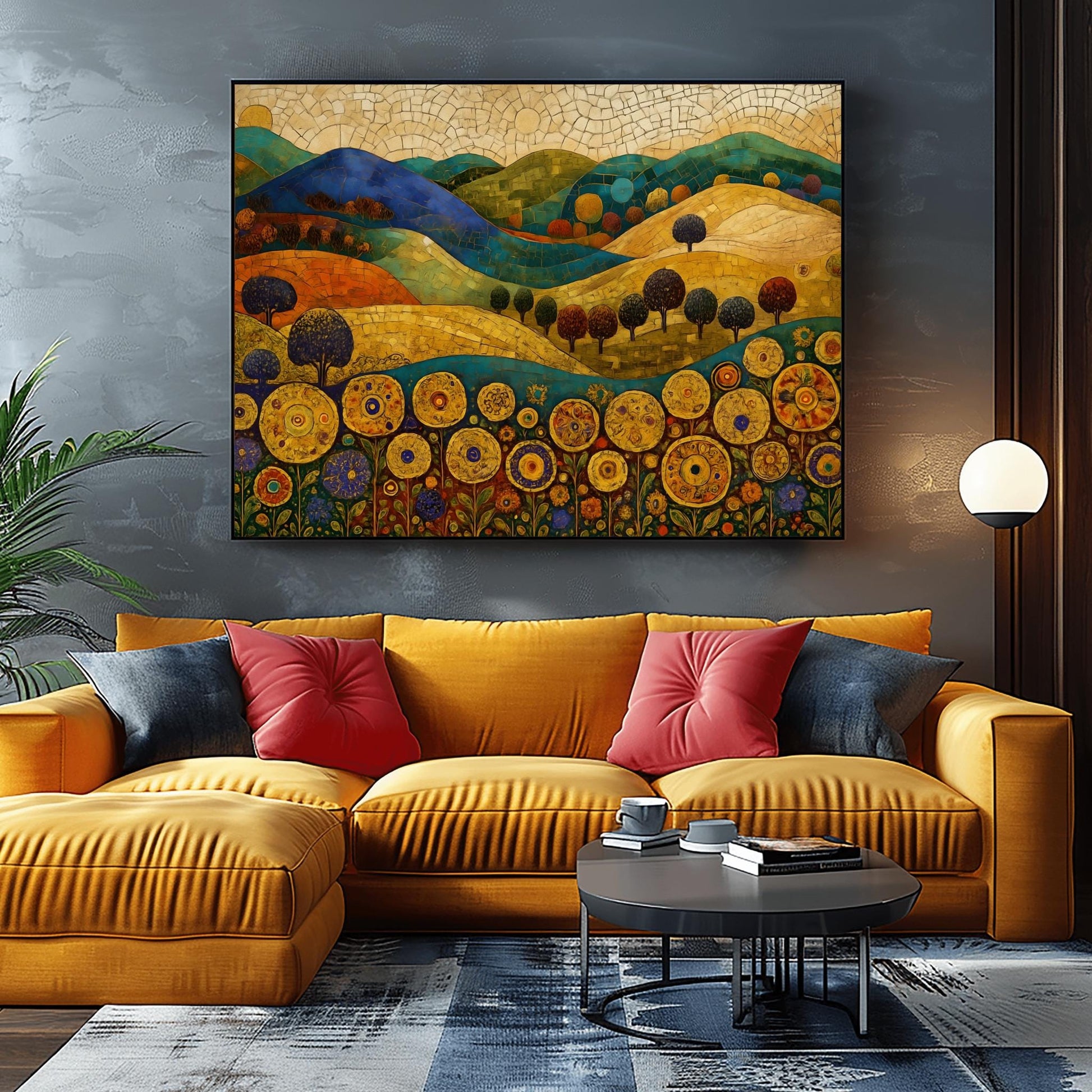 A horizontal fine art painting in the style of Gustav Klimt. Rolling hills in shades of blue, green, and orange are rendered with mosaic tile textures. In the foreground, a row of large, stylized golden sunflowers with intricate geometric centers stands tall. Small, rounded dark trees are scattered across the landscape under a cream-colored mosaic sky.